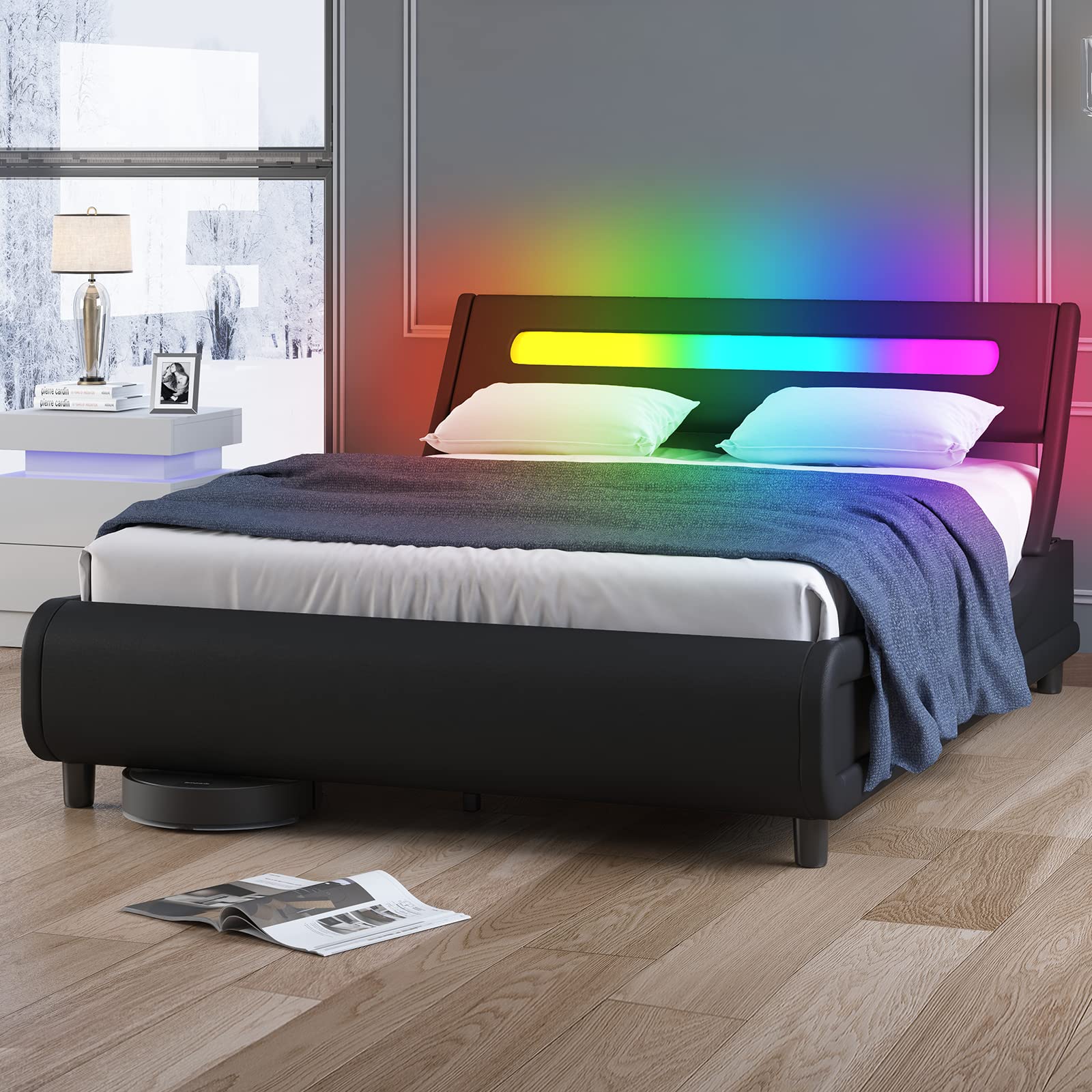 Modern LED Queen Size Bed Frame - Upholstered Platform Bed with PVC Headboard & Wooden Slats Support, No Box Spring Needed - Durable Sleigh Design for Bedroom, Guest Room, or Apartment - Black
