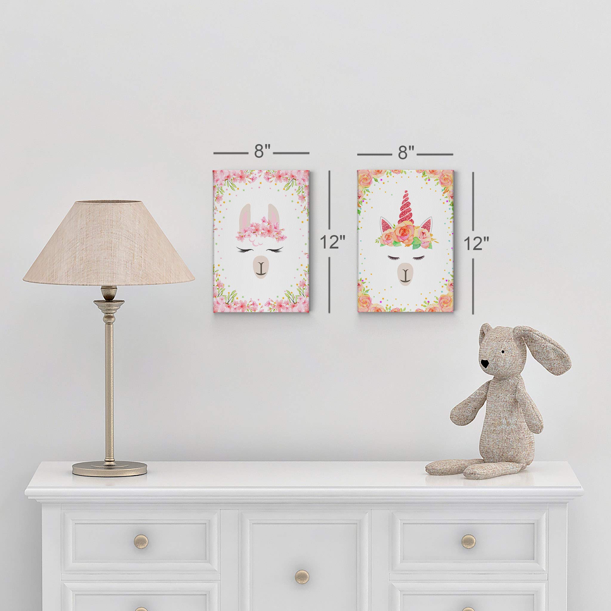 Cute Llama and Unicorn Wall Art - 2 Panel Canvas Print Set (40x30 inches) Floral Nursery Decor, Kids Room Decor, Baby Room Wall Art - Made in USA | Perfect for Nursery, Bedroom, Playroom & Gift Giving