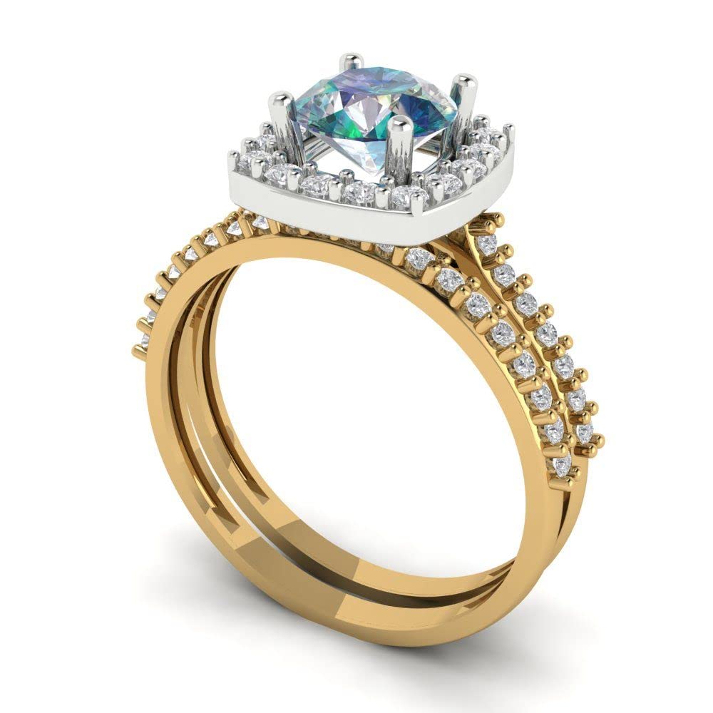 Clara Pucci 2 Carat Round Cut Halo Solitaire Blue Moissanite Engagement Ring - 14K Yellow & White Gold Wedding Band Set for Women | Perfect for Proposals, Anniversaries & Bridal Jewelry