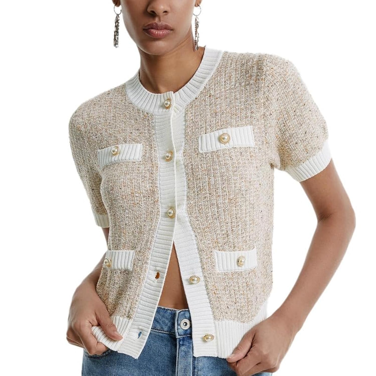 Women's Summer Button Down Cardigan Shirts - Casual Short Sleeve Crew Neck Cropped Lightweight Sweater Tops for Work, Beach & Everyday Wear