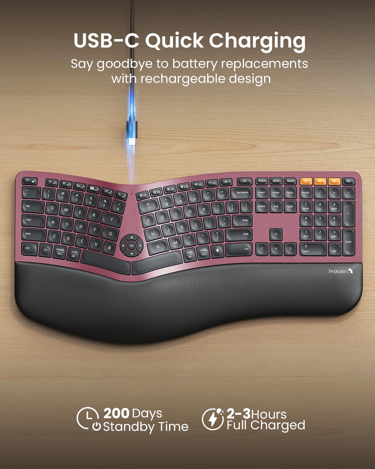 ProtoArc EK01 Plus Wireless Ergonomic Split Keyboard - Backlit Bluetooth Keyboard with Dual Connectivity (Bluetooth/USB), Rechargeable Battery, Cushioned Wrist Rest - Compatible with Windows & Mac (Wine Red) - Perfect for Office Work, Gaming & Long Typing Sessions