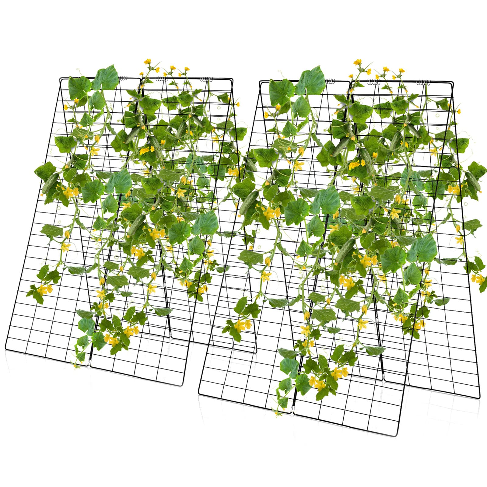 48 x 34 Inch Foldable A-Shape Cucumber Trellis for Garden - 8 PCS Plant Support with 18 Clips, 16 Stakes, 8 Spiral Connectors, 12 Cable Ties - Perfect for Climbing Plants, Vegetables, and Vines in Outdoor Gardens, Backyards, and Greenhouses