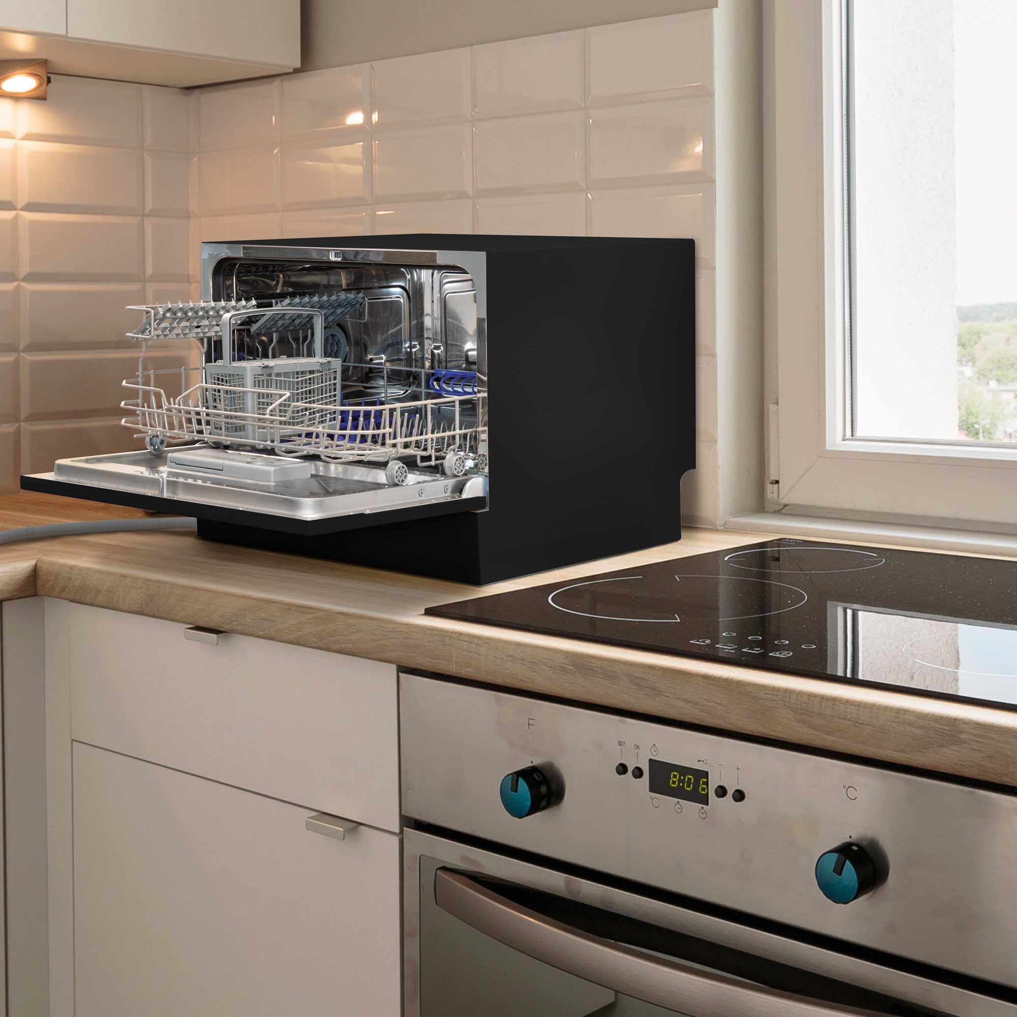 Baridi Compact Tabletop Dishwasher - 6 Place Settings, 6 Wash Programs, Ultra Quiet 49dB, 6.5L Capacity in Sleek Black (Model DH85) - Perfect for Small Kitchens, Apartments, RVs & Dorm Rooms