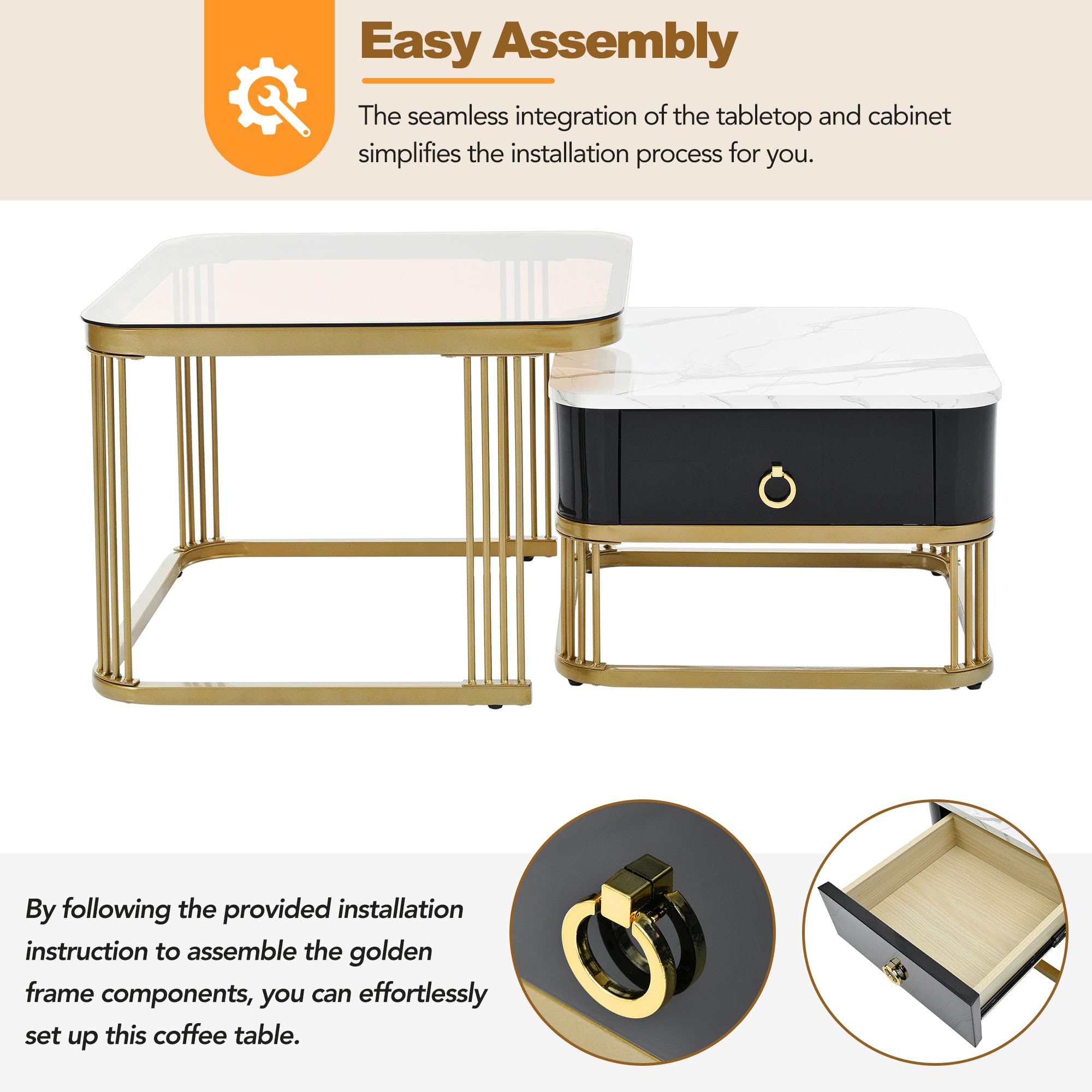 LUSPAZ 2-Piece Nesting Coffee Table Set with Drawer - Square Stackable Side Tables with Brown Tempered Glass & High Gloss Marble Grain Tabletop - Modern Living Room Furniture for Small Spaces, Apartments & Home Decor