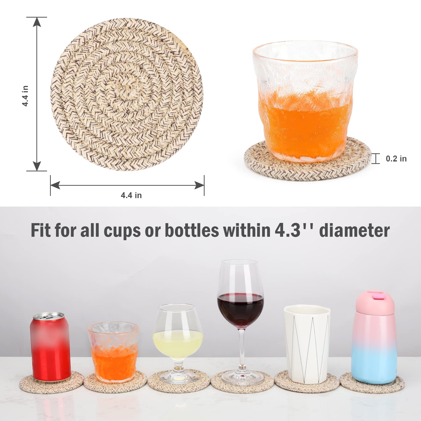 ABenkle Set of 6 Woven Boho Coasters - 4.3 Inch Absorbent Drink Coasters for Coffee, Wine & Beer - Perfect Housewarming Gift, Home Decor & Bar Essentials - Ideal for Coffee Tables, Kitchen Countertops & Outdoor Entertaining