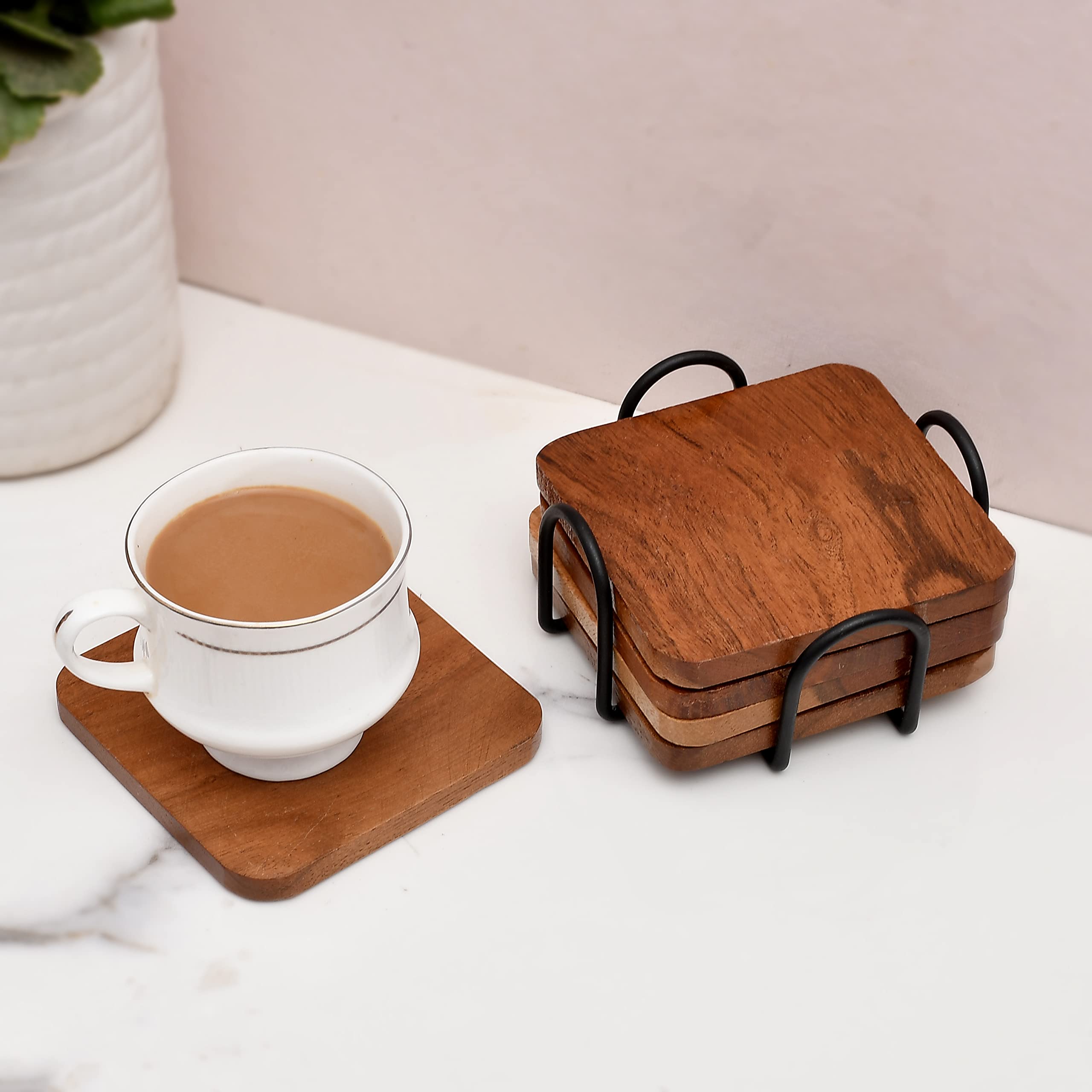 Handmade Wooden Coasters Set of 4 - Absorbent Brown Wood Drink Coasters for Dining Table - Rustic Home & Office Decor - Perfect for Coffee, Wine, and Beverage Protection - Ideal Gift for Housewarming & Dinner Parties