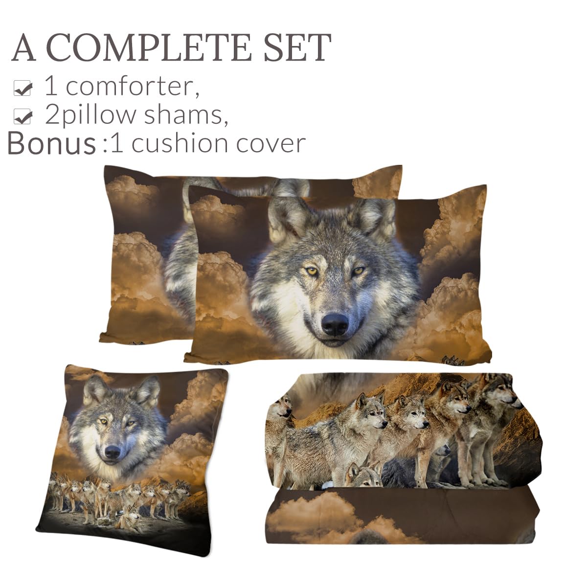 Sleepwish Gold Wolves Comforter Set - Twin Size 4-Piece Dark Clouds Wolf Leader Bedding with Comforter, Pillow Shams & Cushion Cover - Perfect for Teen Bedrooms, Wolf Lovers & Cozy Cabin Decor