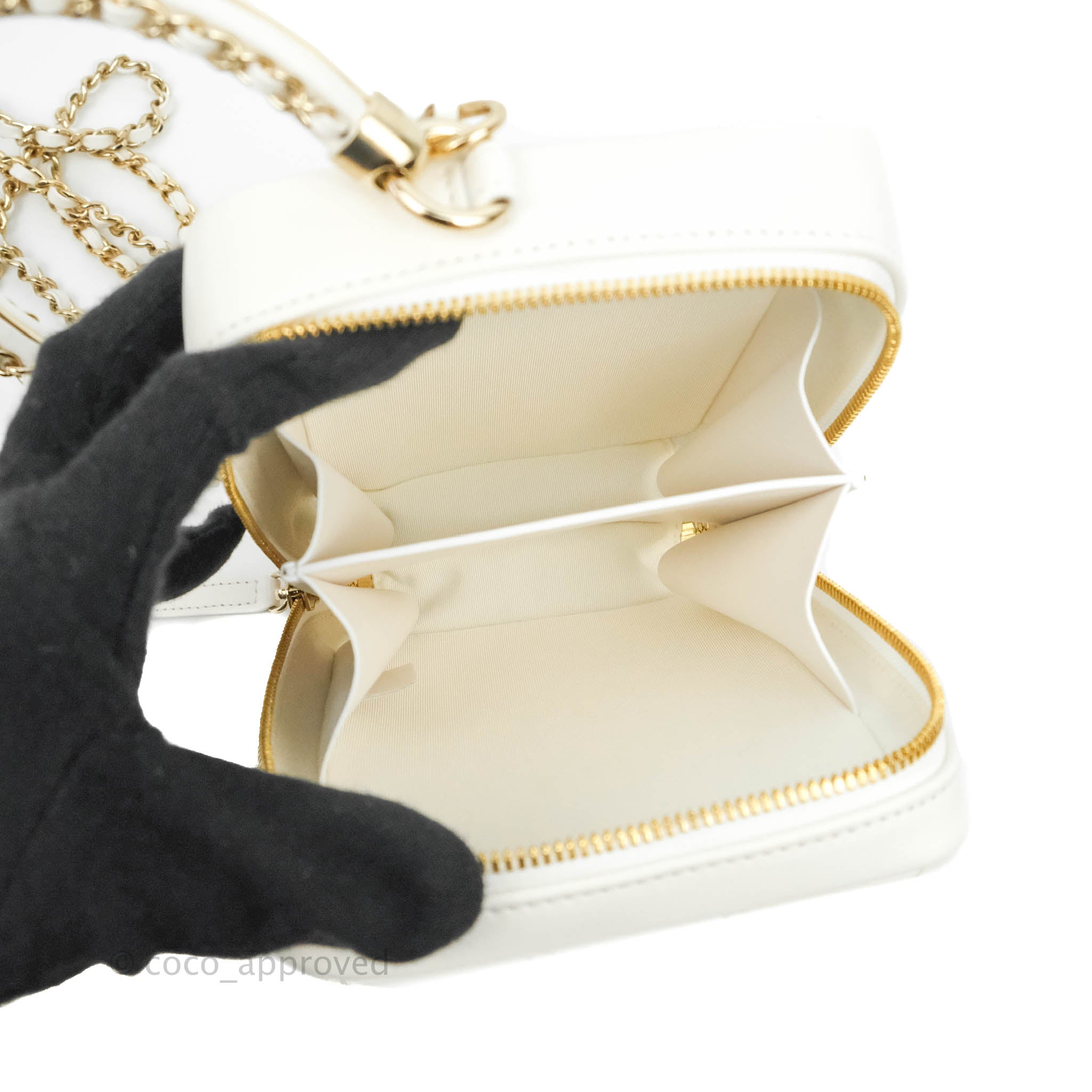 Chanel White Calfskin Circular Handle Zip Around Vanity Case with Gold Hardware - Perfect for Travel, Parties & Everyday Luxury (20S Collection)