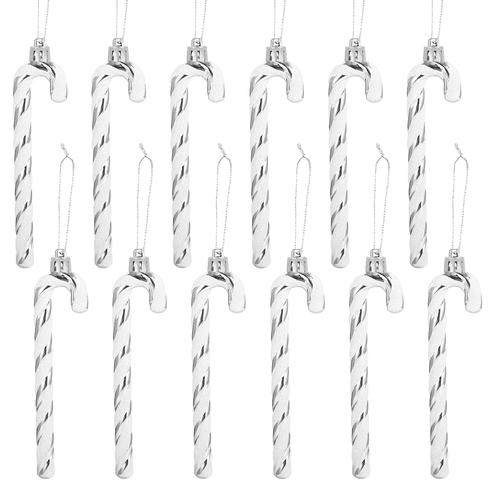 12 Pack Christmas Candy Cane Ornaments - Silver & White Glitter Twisted Plastic Holiday Decor for Tree, Party, Winter Festival | Perfect for Christmas Tree Decorations, Holiday Parties & Festive Home Decor