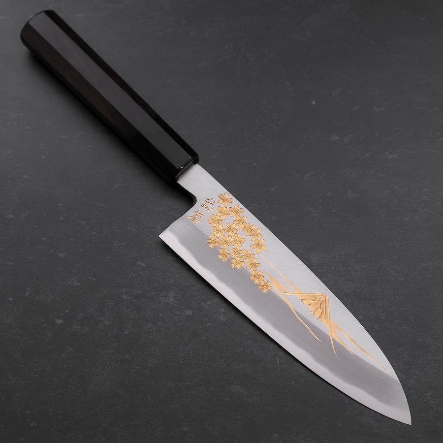 Premium Santoku Knife 180mm - White Steel #2 Kasumi Chokin with Sakura Fuji Buffalo Ebony Handle - Japanese Kitchen Knife for Slicing, Dicing & Chopping - Perfect for Chefs & Home Cooking