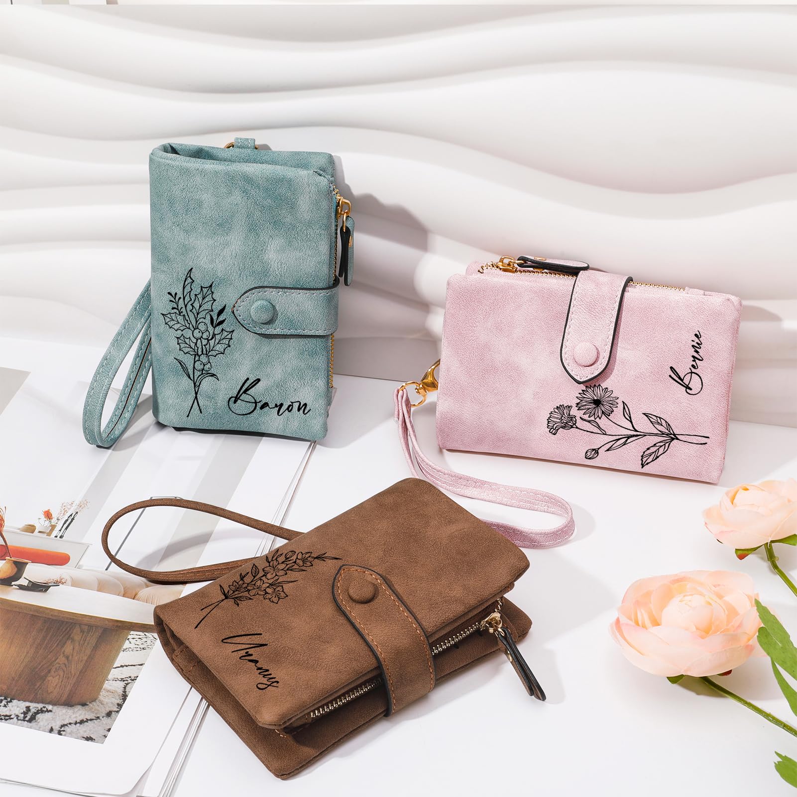 Custom Personalized Leather Wallet for Women - Engraved Birth Flower & Name - Small Zipper Coin Purse - Perfect Gift for Birthday, Mother's Day, Christmas (Green) - Ideal for Teens, Ladies & Everyday Use