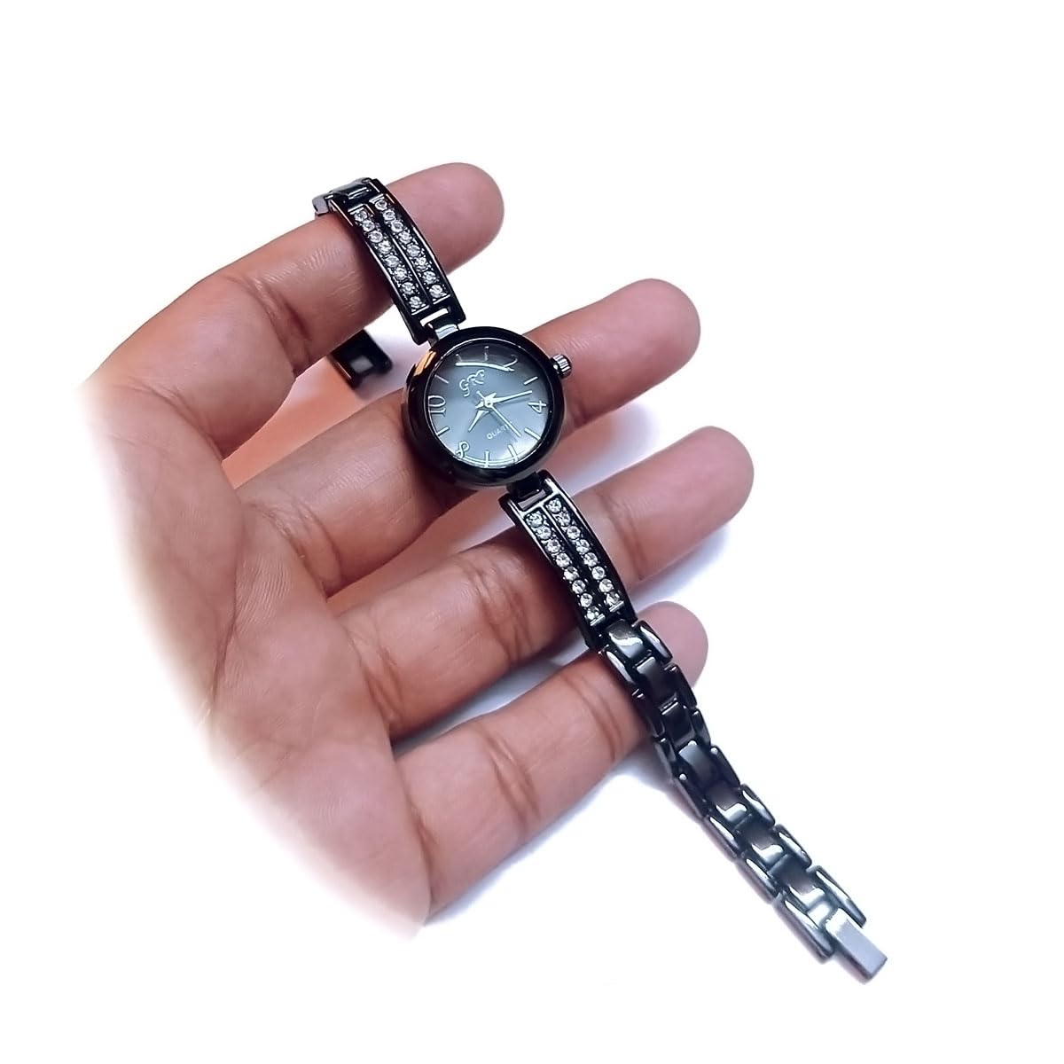 Elegant Artificial Diamond Stone Watch for Women - Stylish Quartz Watch with Jewelry Friendship Design | Perfect Gift for Girls & Ladies | Regular Size Black Watch for Daily Wear & Special Occasions