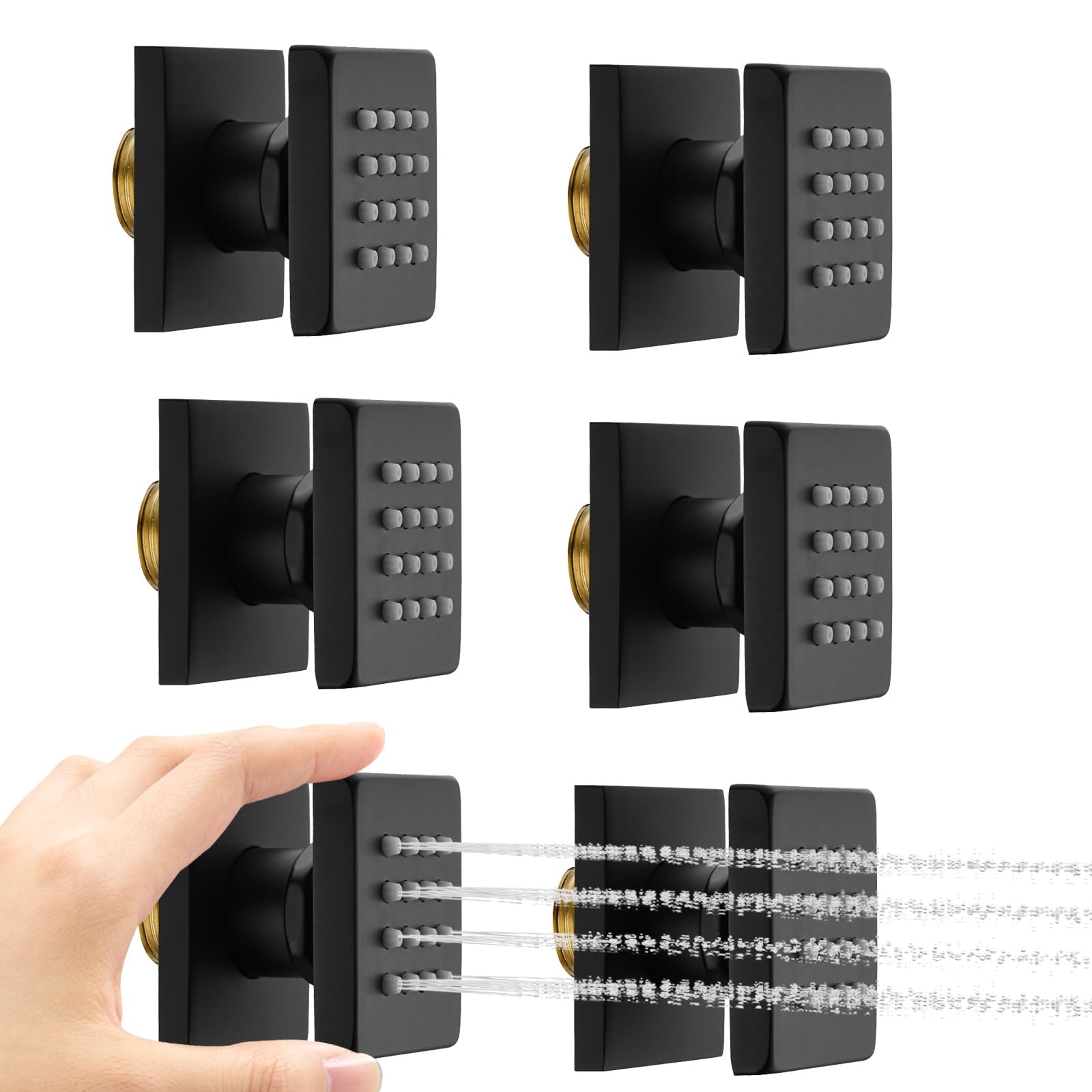 6PCS Square Shower Body Jet Spray - Brass Head Massage Jets with On/Off Flow Control - Matte Black Wall Mounted Spa System for Relaxing Bath & Luxury Shower Experience