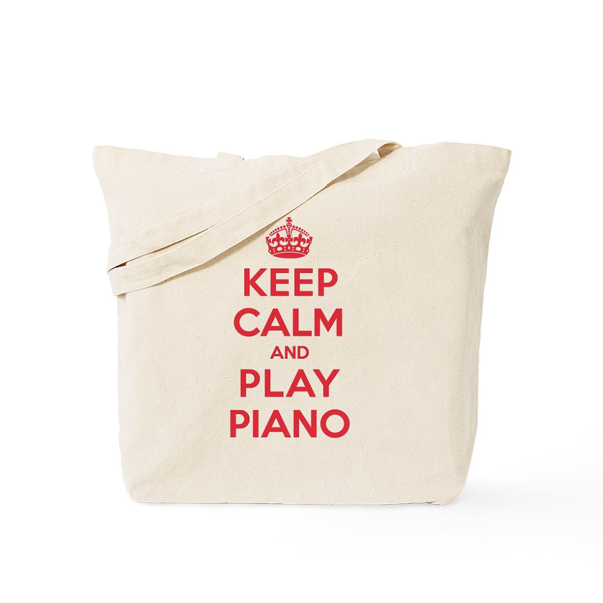 Keep Calm Play Piano Tote Bag - Natural Canvas Reusable Shopping Bag for Musicians, Piano Teachers & Students - Perfect for Music Lessons, Groceries & Beach Trips