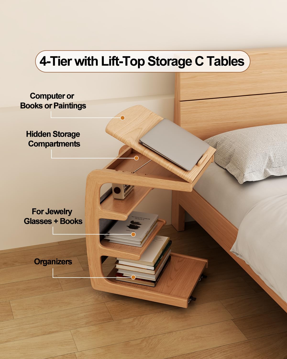 Wooden C-Shaped End Table with Lockable Wheels - 4-Tier Rolling Side Table with Storage Bag - Small Couch Desk for Living Room, Bedroom, Office - Perfect for Snacks, Laptops, Books & TV Trays (Natural)