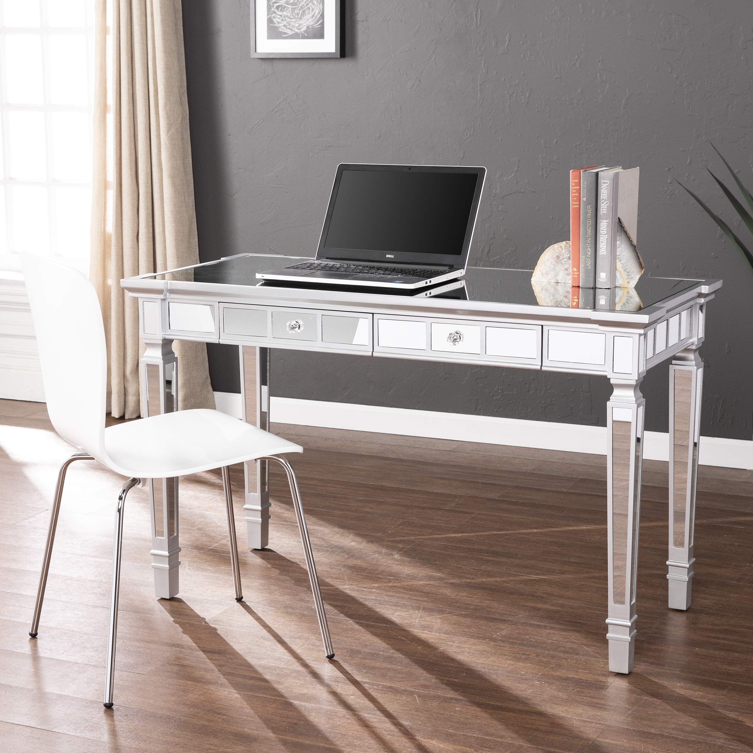 SEI Furniture Glenview Glam Mirrored Writing Desk with Drawers - Matte Silver Finish | Elegant Vanity Desk for Bedroom, Home Office & Dressing Room