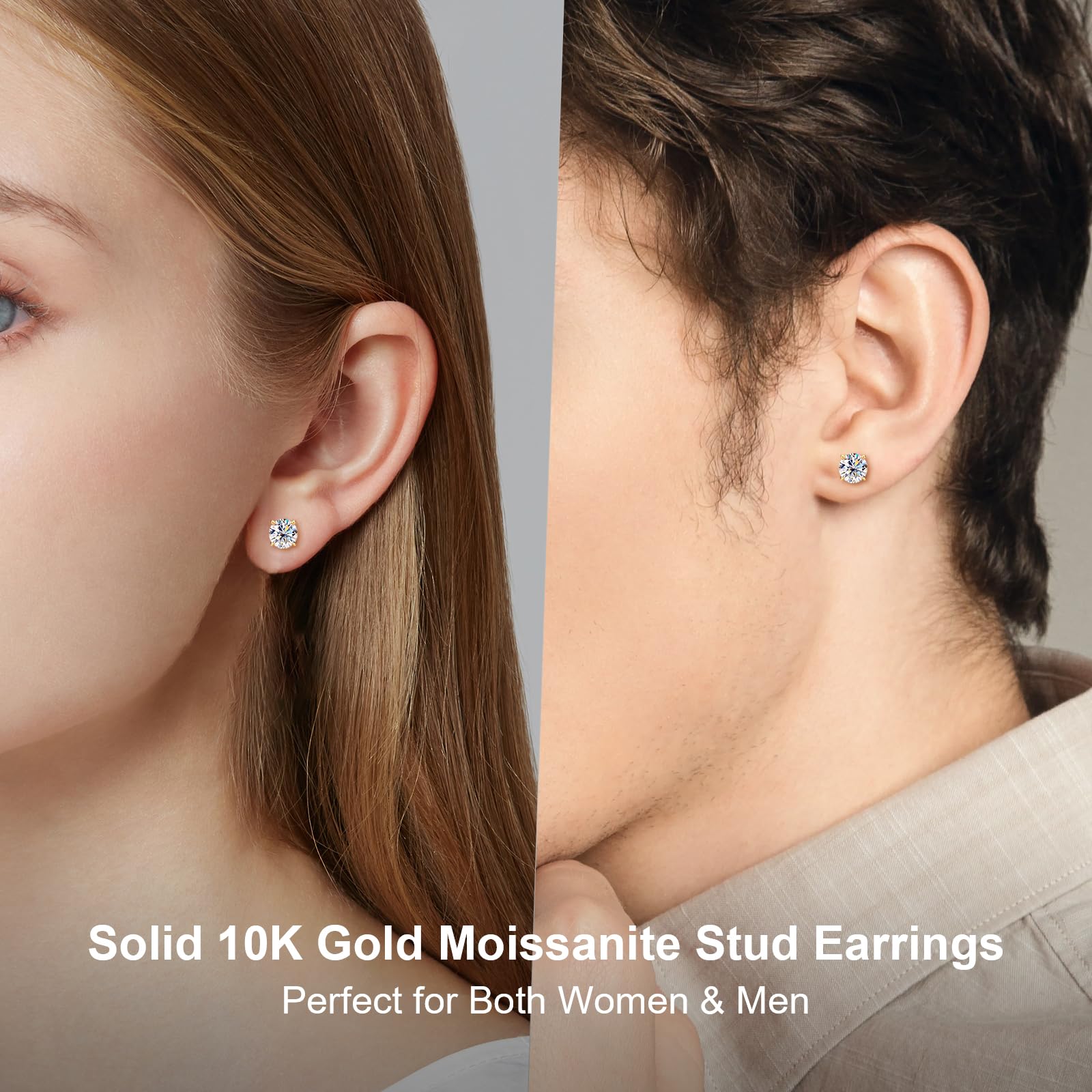 Lab-Created Moissanite Stud Earrings 1.60cttw 6mm Round Cut in 10K Real Yellow Gold, Screw Back Secure Solitaire Studs for Men & Women - Perfect for Everyday Wear, Anniversary Gifts & Special Occasions