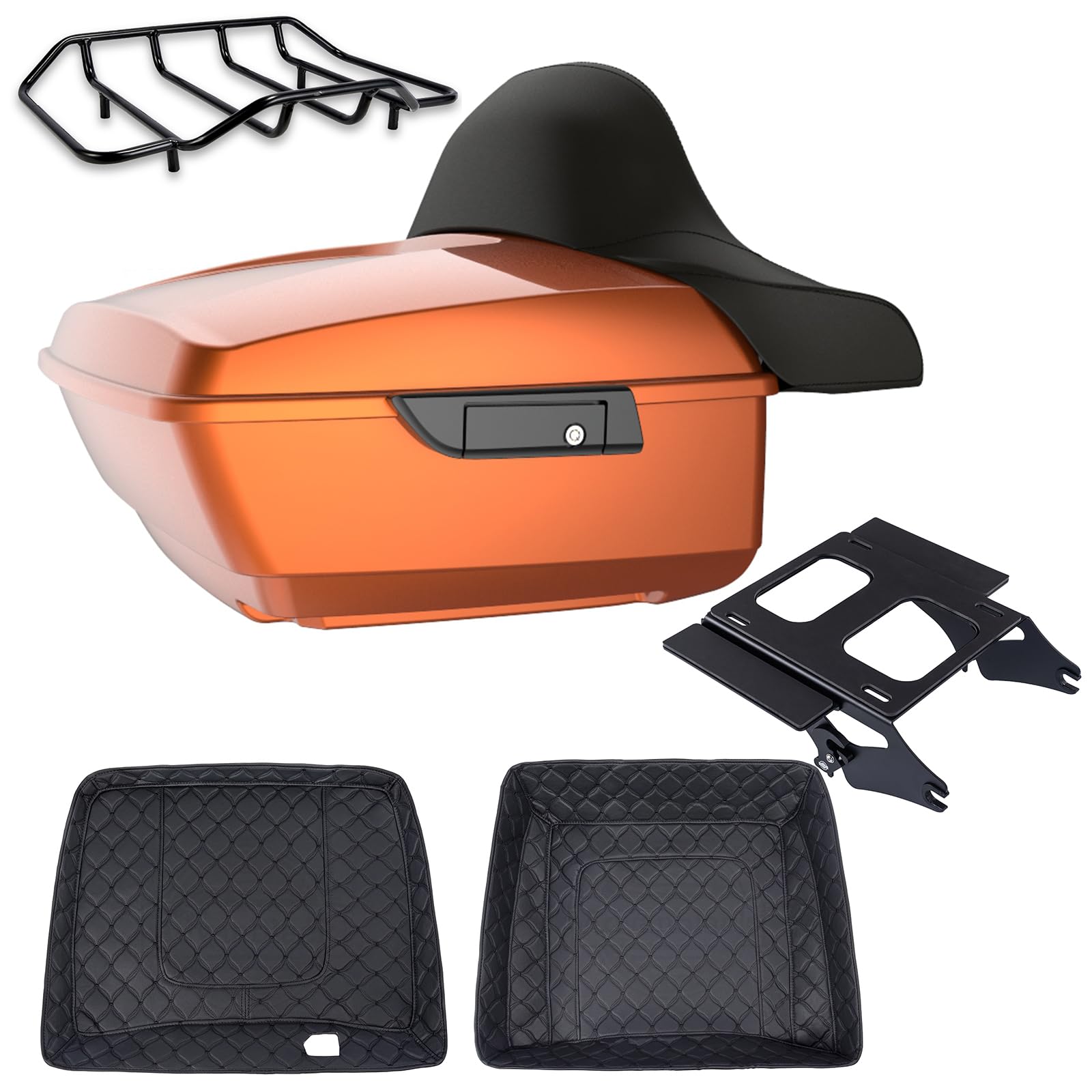 **Amber Whiskey Tour Pack for Harley-Davidson Motorcycles - Detachable Mounting Bracket, Black Stitching Liners & Top Luggage Rack - Fits 2014+ Harley Touring Models - Perfect for Long-Distance Rides & Road Trips**