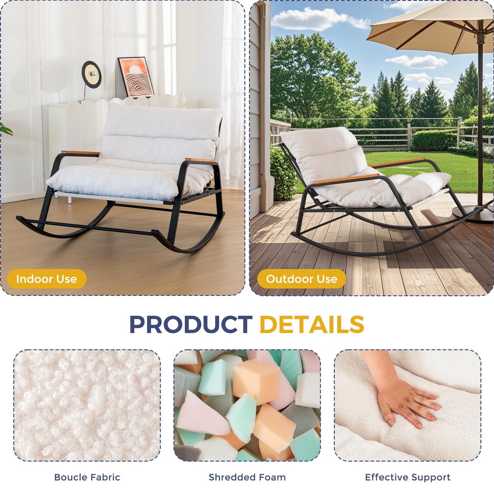 MAXYOYO Boucle Rocking Chair with Adjustable Backrest - Extra Wide Glider Recliner for Living Room, Nursery & Outdoor - Soft Beige Fabric - Perfect for Relaxing, Nursing & Reading
