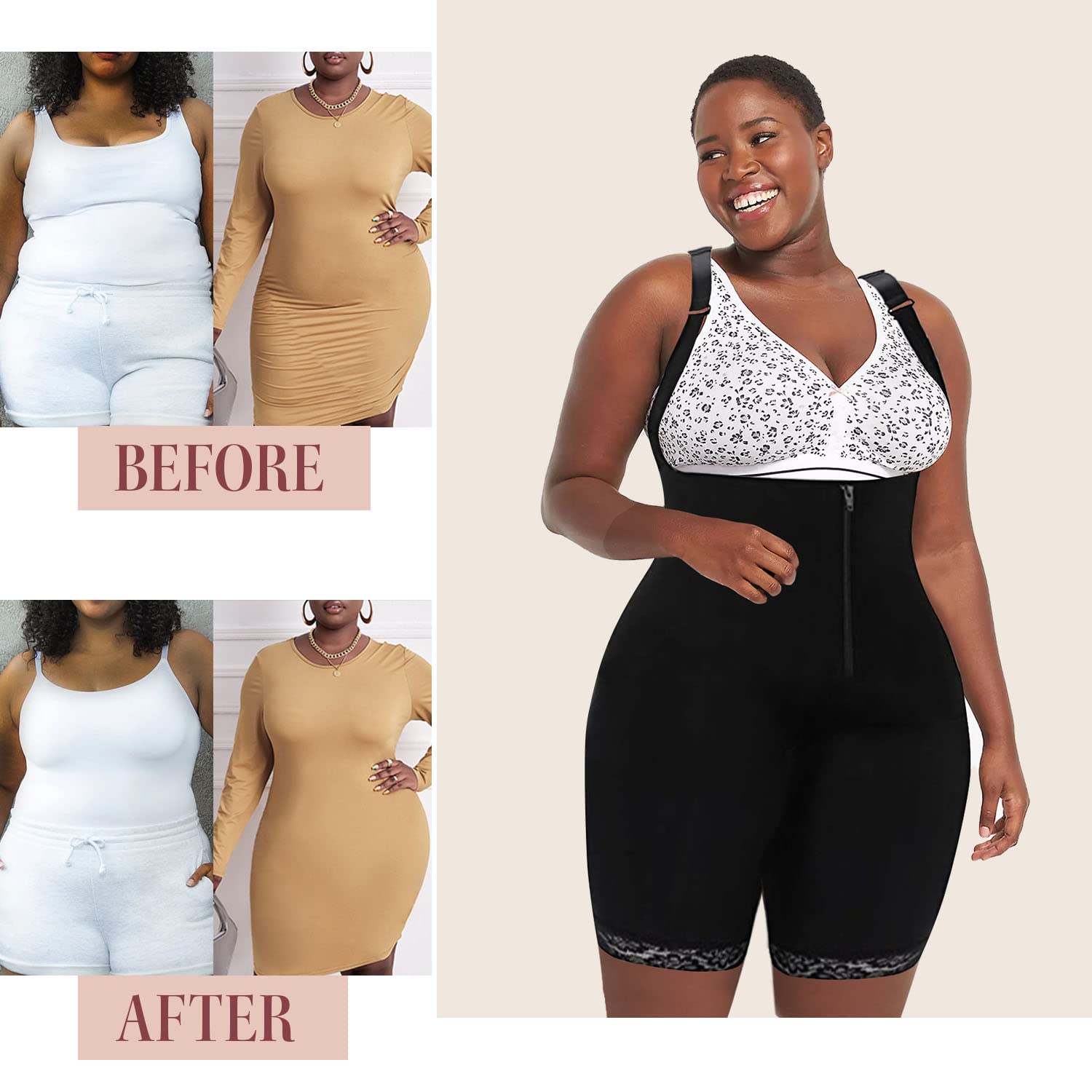 Women's Seamless Shapewear Bodysuit - Black Thigh Slimming Body Shaper with Zipper Closure (Sizes S-10XL) for Tummy Control & Hourglass Figure - Perfect for Dresses, Workout & Special Occasions