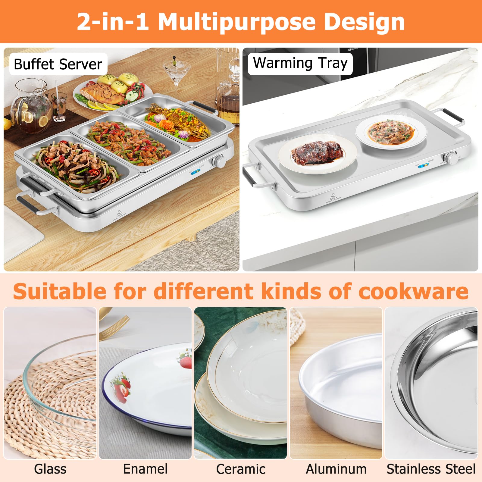 Giantex 2-in-1 Electric Buffet Server & Food Warmer with 3 Stainless Steel Pans (8 QT) - Adjustable Temperature, Dishwasher Safe - Perfect for Holiday Parties, Catering Events & Buffet Serving