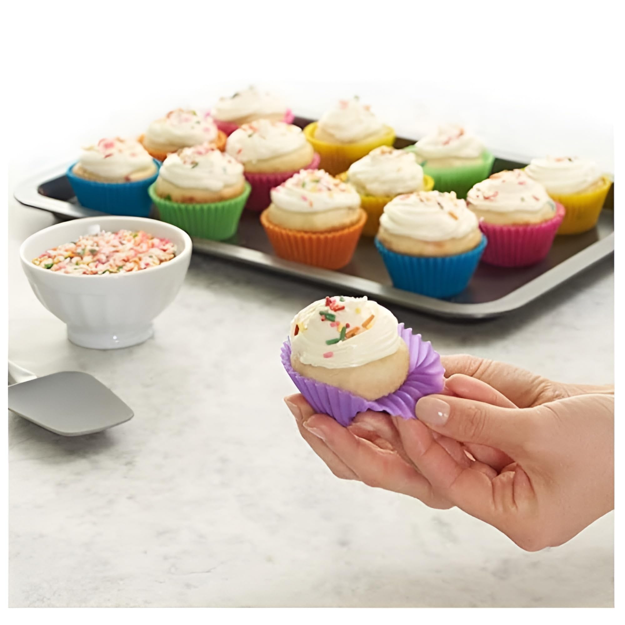 Flossymart Reusable Silicone Cupcake Liners - Non-Stick Baking Muffin Cupcake Molds, Standard Size, 6 Vibrant Colors (Set of 12) - Perfect for Baking Cupcakes, Muffins, Desserts & Party Treats