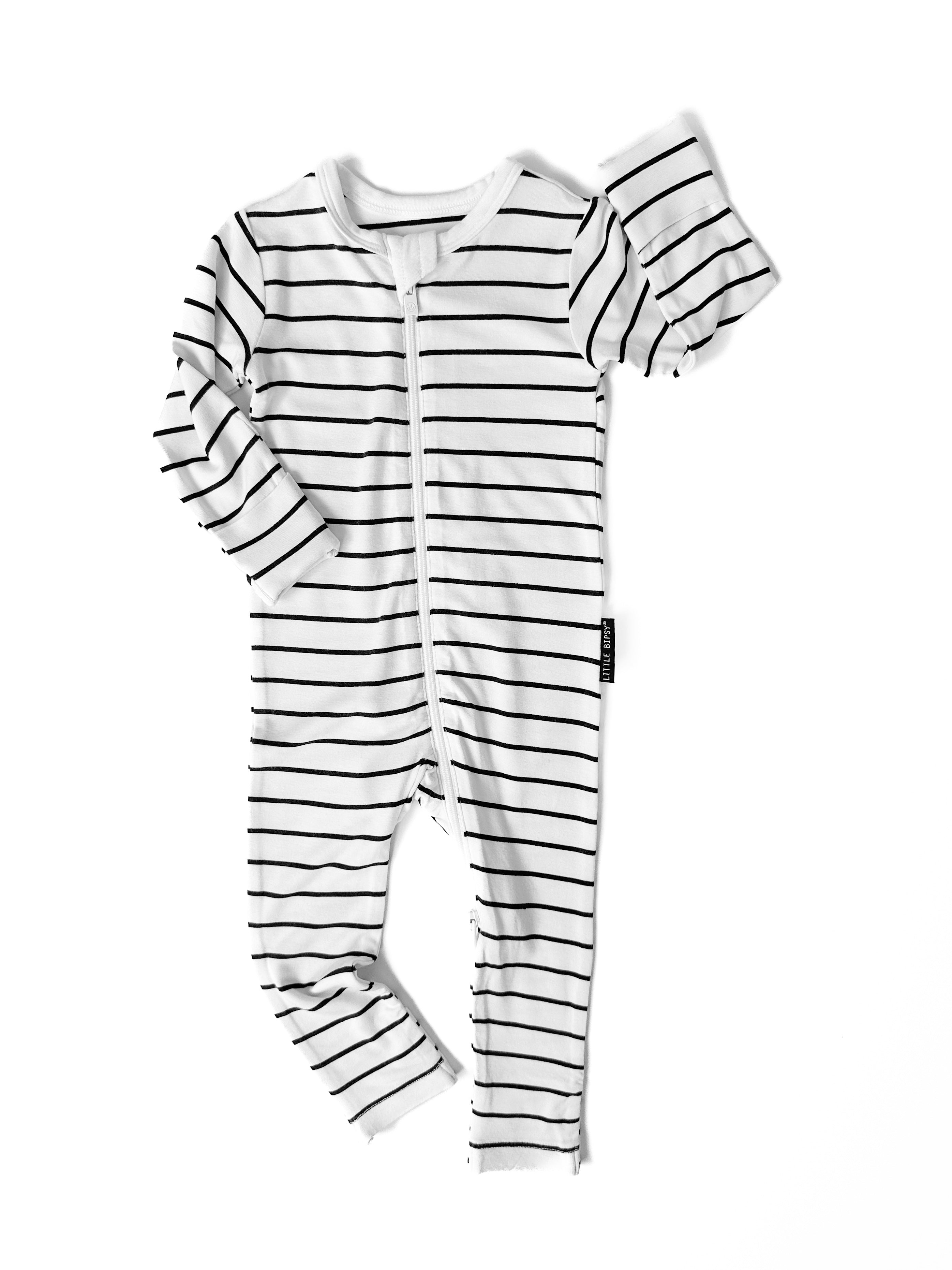 LB x Baby Breez Long Sleeve Pinstripe Romper Pajamas for Boys & Girls - Soft Cotton Sleepwear, White and Black Striped - Perfect for Bedtime, Lounging & Family Photos