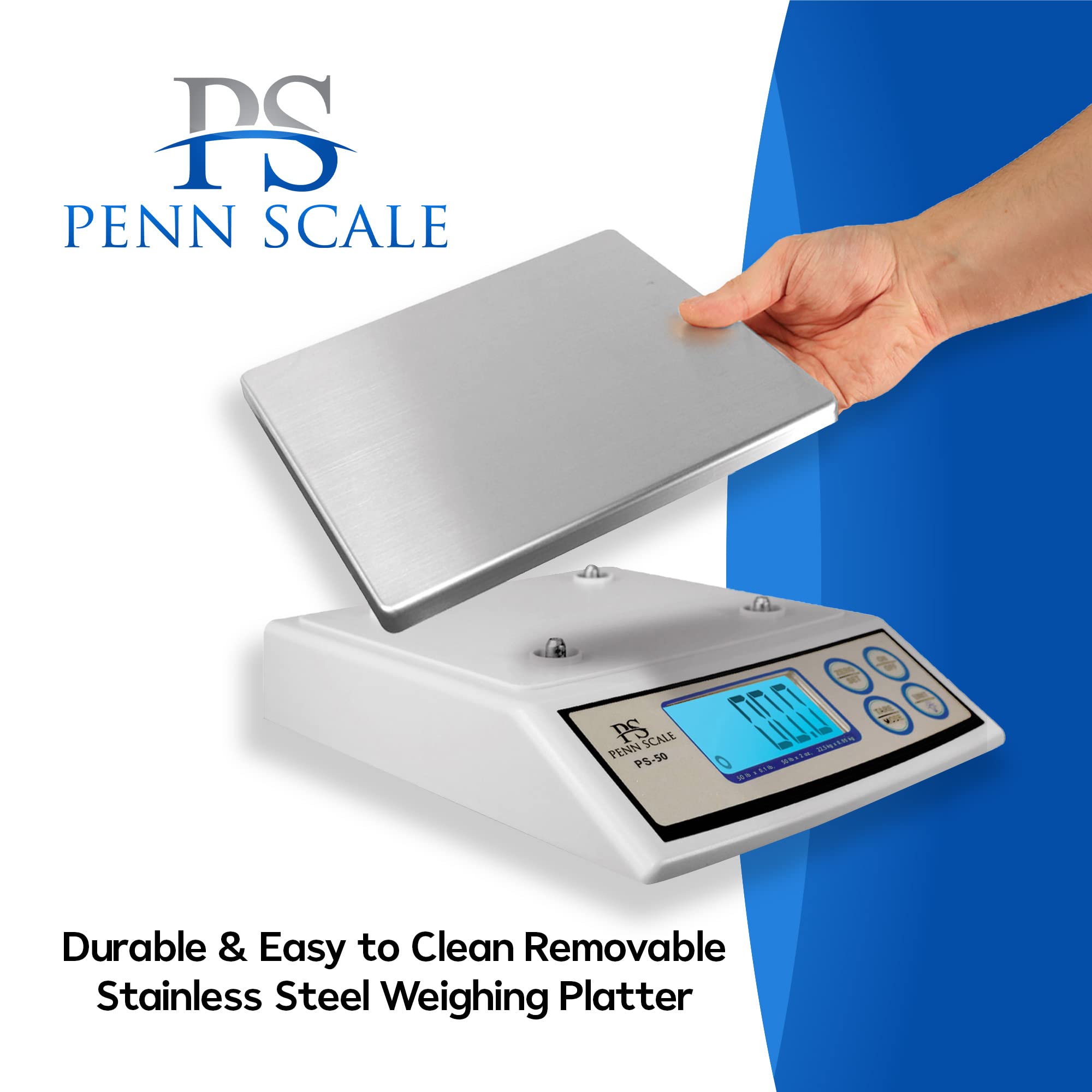 Penn PS-50 Digital Kitchen Scale 50lb Capacity with 0.1lb Precision - Removable Stainless Steel Platter, LCD Display & Unit Conversion (lb/oz/kg) - Perfect for Baking, Meal Prep & Portion Control (AC/Battery Powered)