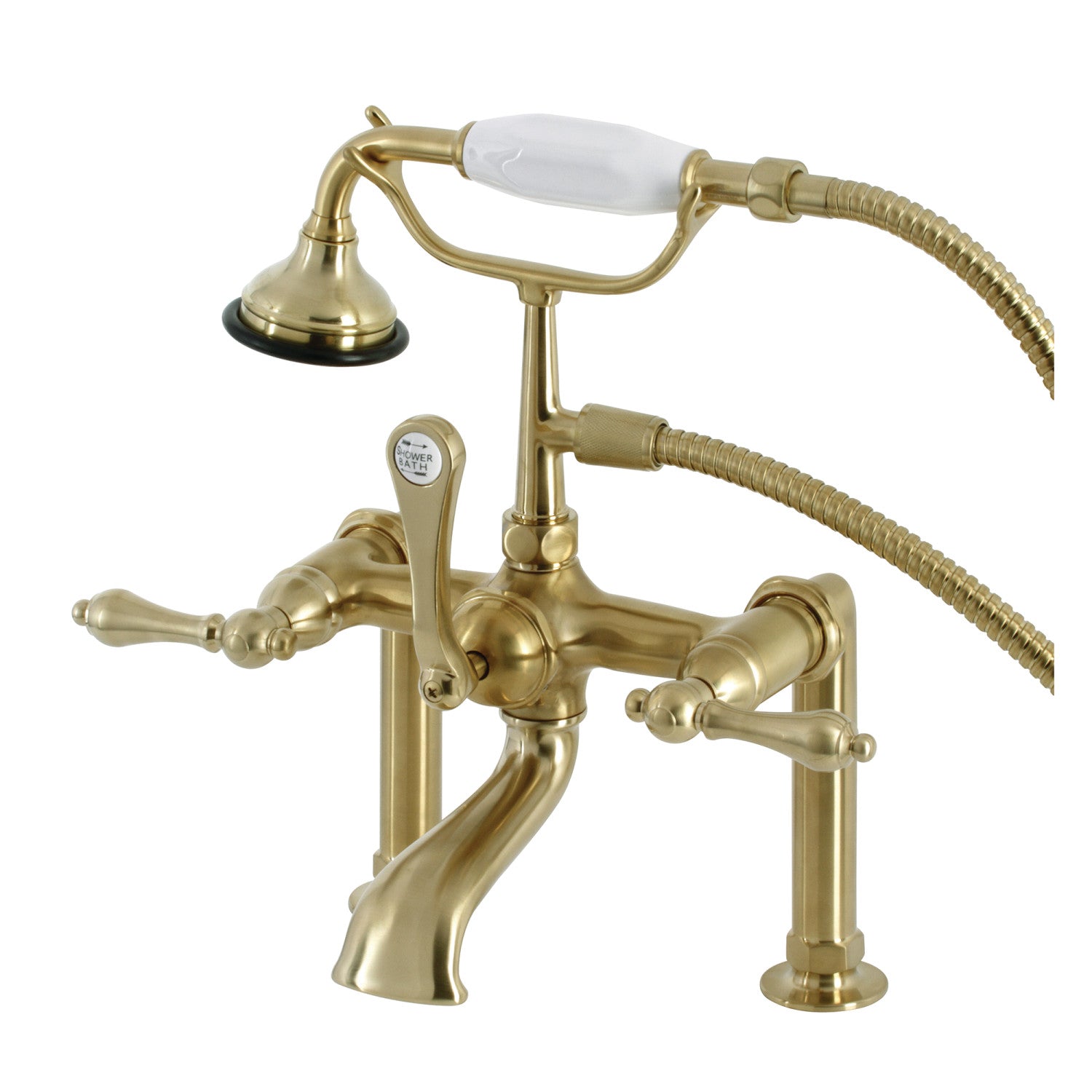 Vintage AE103T7 3-Handle 2-Hole Deck Mount Clawfoot Bathtub Faucet with Hand Shower in Brushed Brass - Perfect for Classic Bathroom Renovations & Luxury Spa Retreats