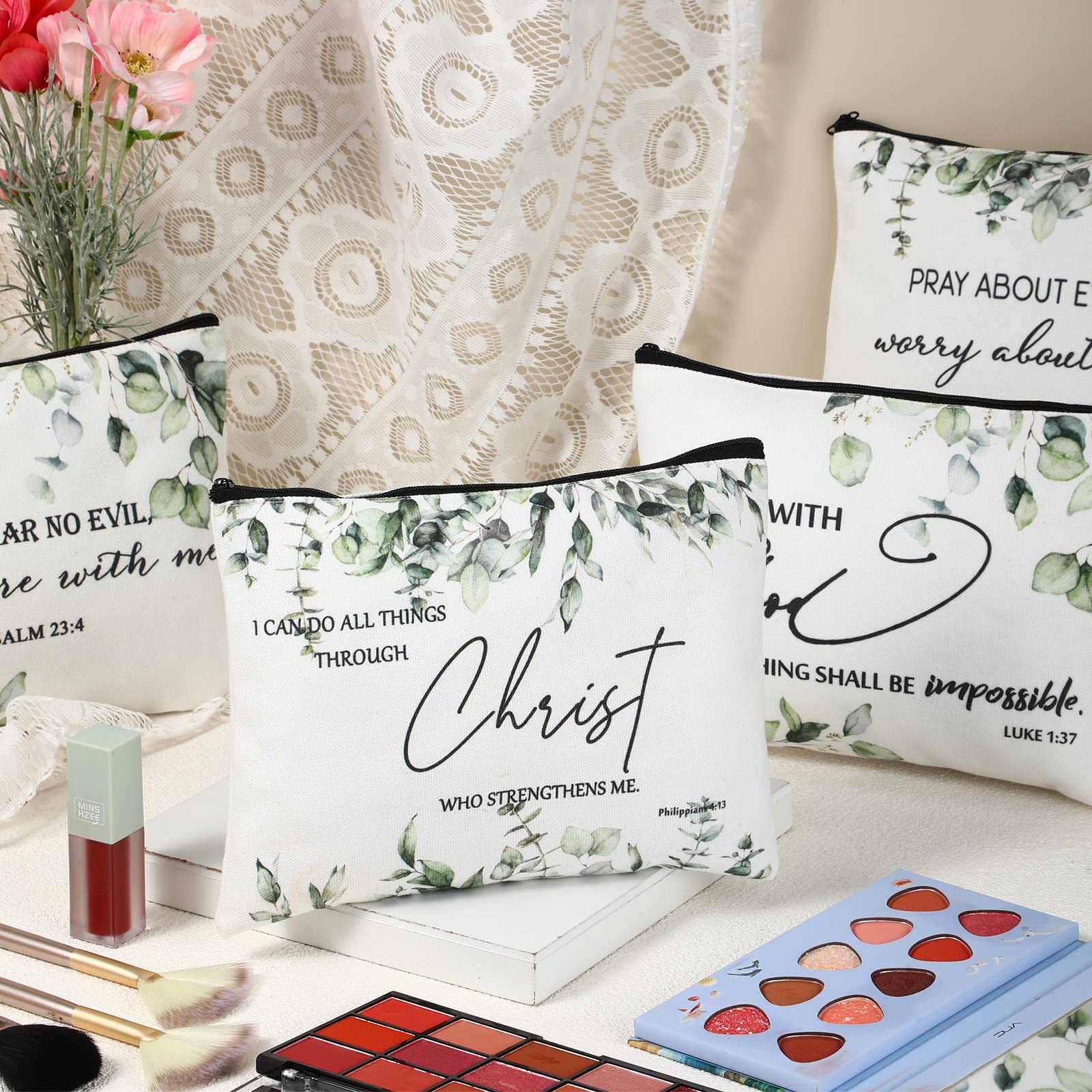 Saintrygo 4 Pack Christian Bible Verse Pencil Cases for Women - Motivational Quote Canvas Zipper Pouches for Makeup, School & Office Supplies - Great Gifts for Mother's Day, Coworkers & Employees - Perfect for Daily Use, Travel & Organization