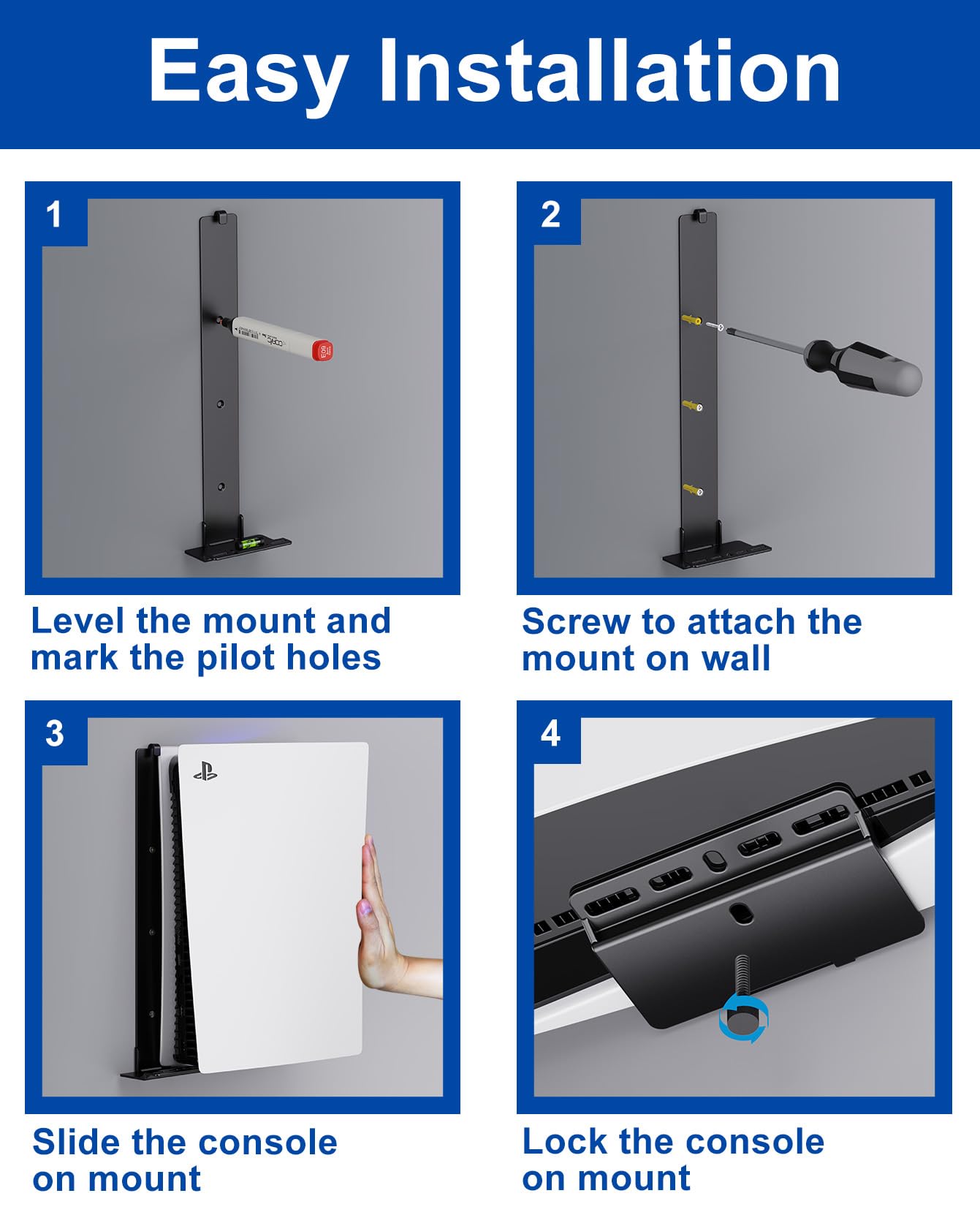 PS5 Wall Mount Bracket for PlayStation 5 Disc & Digital Edition - Invisible Design TV Console Mount with 2 Accessory Holders (Black) - Perfect for Gaming Room Setup & Space Saving Behind TV - Not Compatible with PS5 Slim