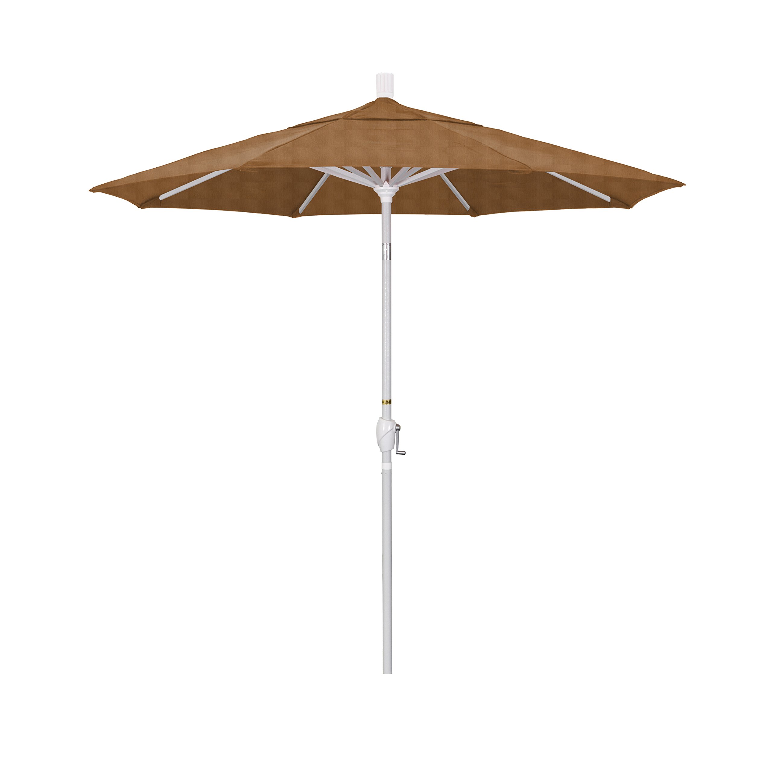7.5' Round Aluminum Market Umbrella with Crank Lift & Push Button Tilt - White Pole & Teak Olefin Canopy - Perfect for Patio, Garden, Poolside and Outdoor Dining Areas