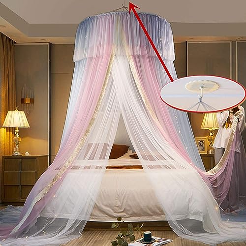 Elegant Pink Mosquito Net Bed Canopy with Built-in Lights - Double Layer Round Dome Princess Bed Netting for Bedroom Decor | Perfect for Girls' Rooms, Nursery Decor & Romantic Bedroom Settings