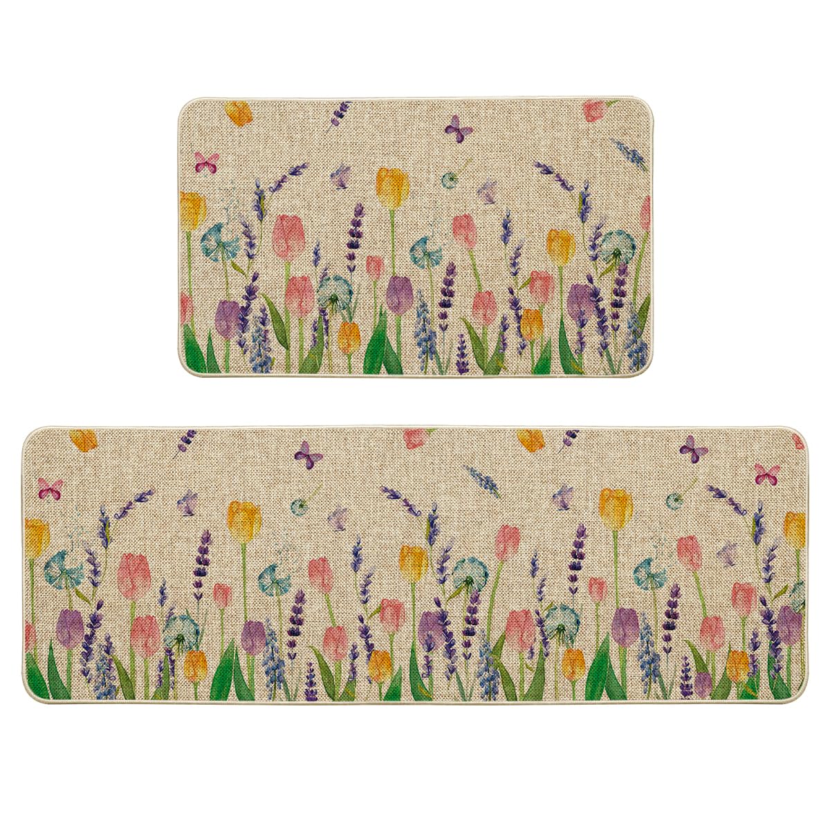 Artoid Mode Lavender Tulip Spring Kitchen Mats Set of 2 - Non-Slip Floral Floor Rugs for Home Decor (17x29 & 17x47 Inch) | Perfect for Kitchen, Entryway, and Laundry Room