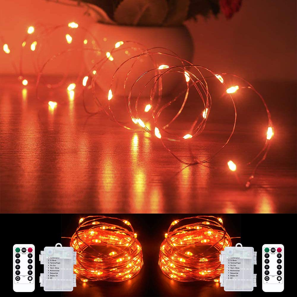 Orange Fairy String Lights Battery Operated - 2 Pack 33ft 100 LED Waterproof Twinkle Firefly Lights with Remote & 8 Modes for Halloween Christmas Party Decor - Perfect for Indoor Outdoor Patio Garden Wedding and Home Decoration