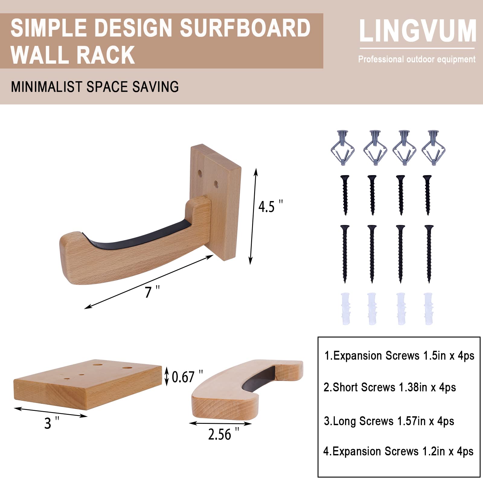 Premium Surfboard Wall Mount Racks - Heavy Duty Bamboo Surf Board Hangers for Longboards, Shortboards, Skateboards, Snowboards & Ski Boards | Indoor & Outdoor Use | Perfect for Garage, Beach House & Sports Equipment Storage