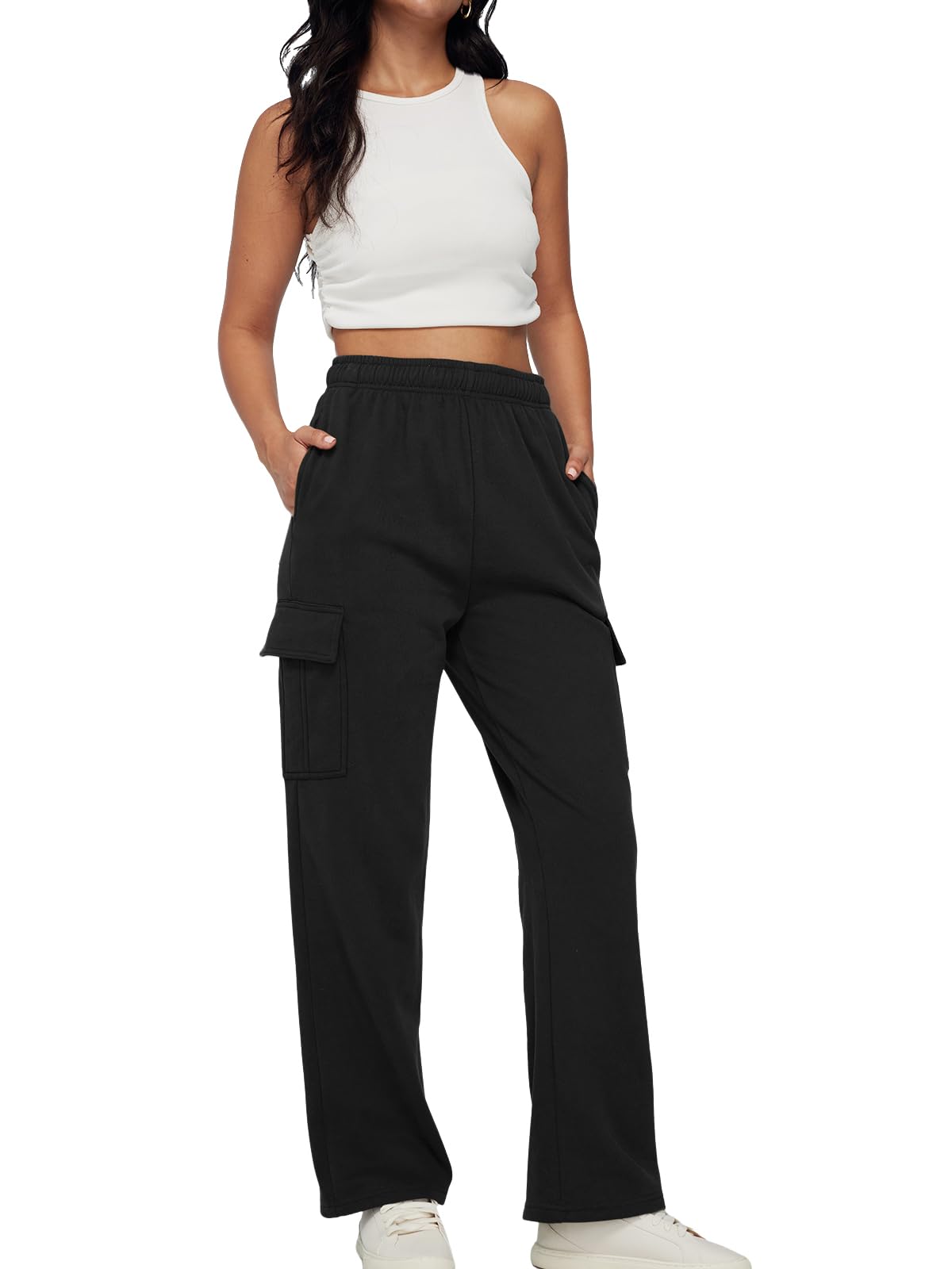 AUTOMET Women's Fleece Cargo Sweatpants - High Waisted Baggy Joggers with Pockets, Athletic Lounge Pants for Workout, Yoga, Running & Casual Wear