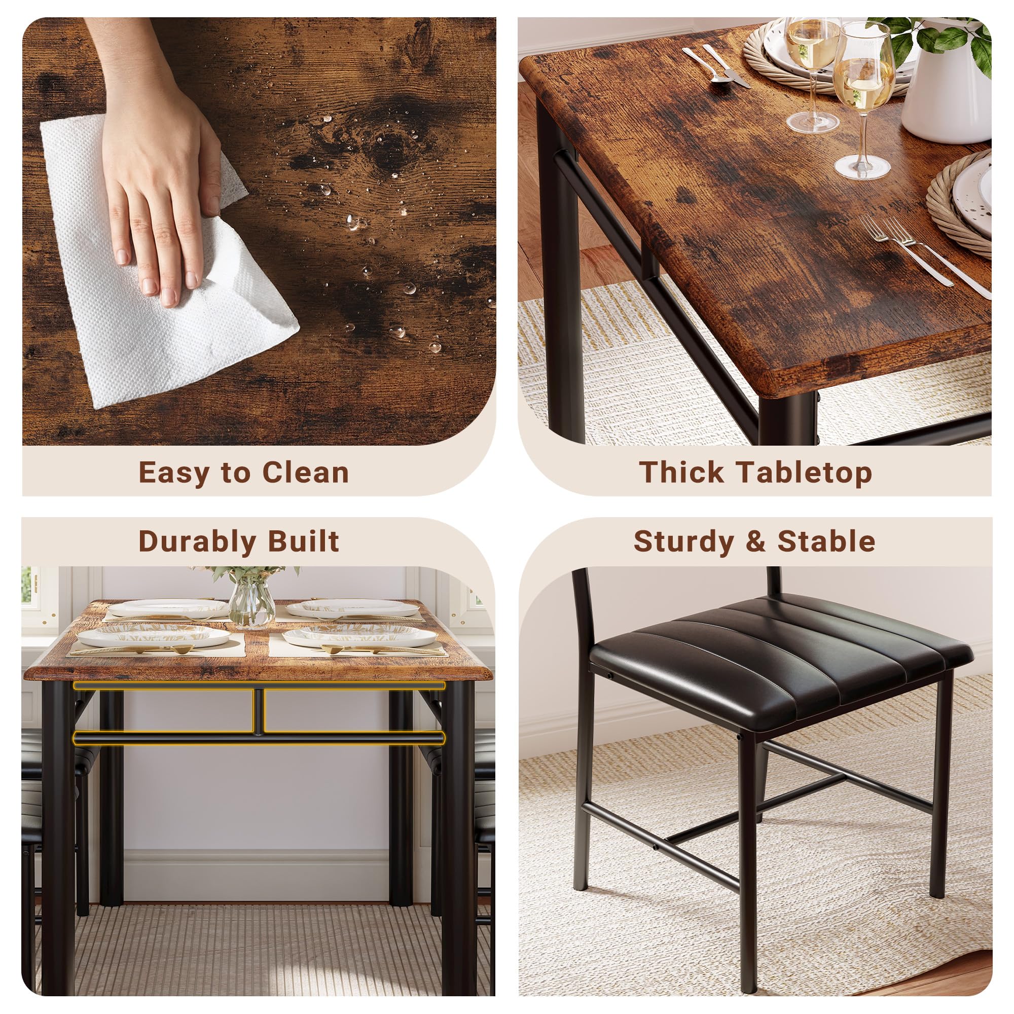 IRONCK 4-Piece Wooden Dining Table Set with Upholstered Chairs - Compact Kitchen & Dining Room Table for Small Spaces in Rustic Brown | Perfect for Apartments, Breakfast Nooks & Cozy Family Meals