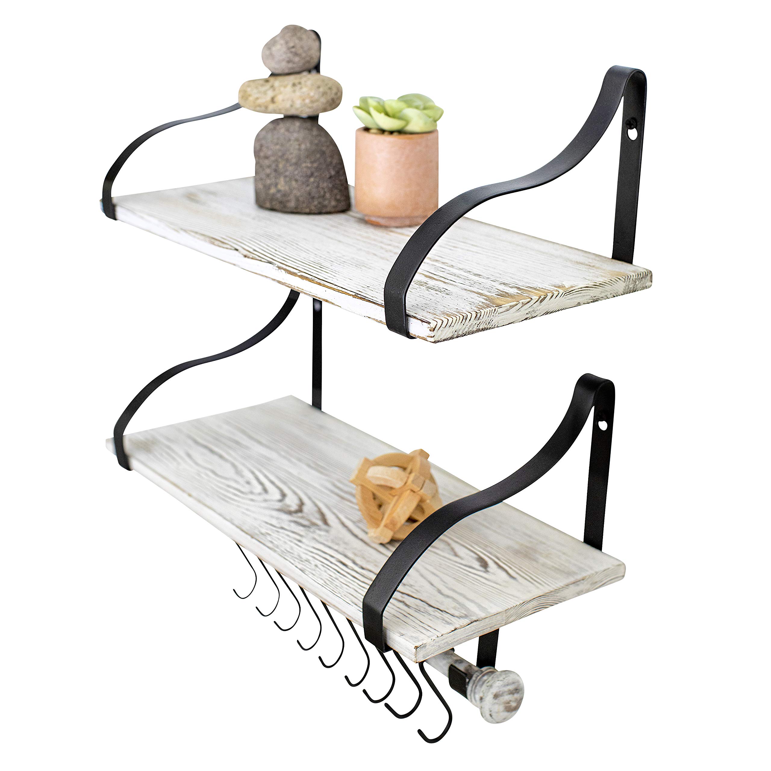 Rustic Solid Wood Wall Mounted Floating Spice Shelf with Towel Bar & Removable Hooks - 16.75