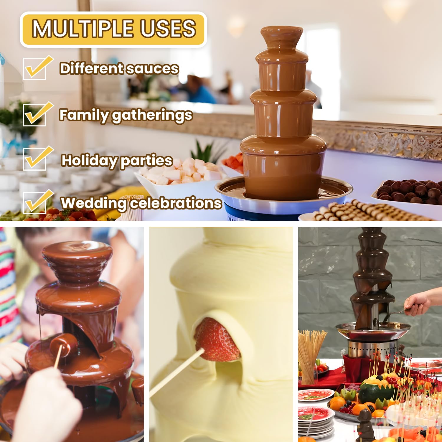 4-Tier Commercial Chocolate Fountain Machine - 7Lbs Stainless Steel Chocolate Melter with Digital Control for Fondue, Cheese, BBQ & Ranch Sauce | Perfect for Weddings, Catering & Dessert Buffets