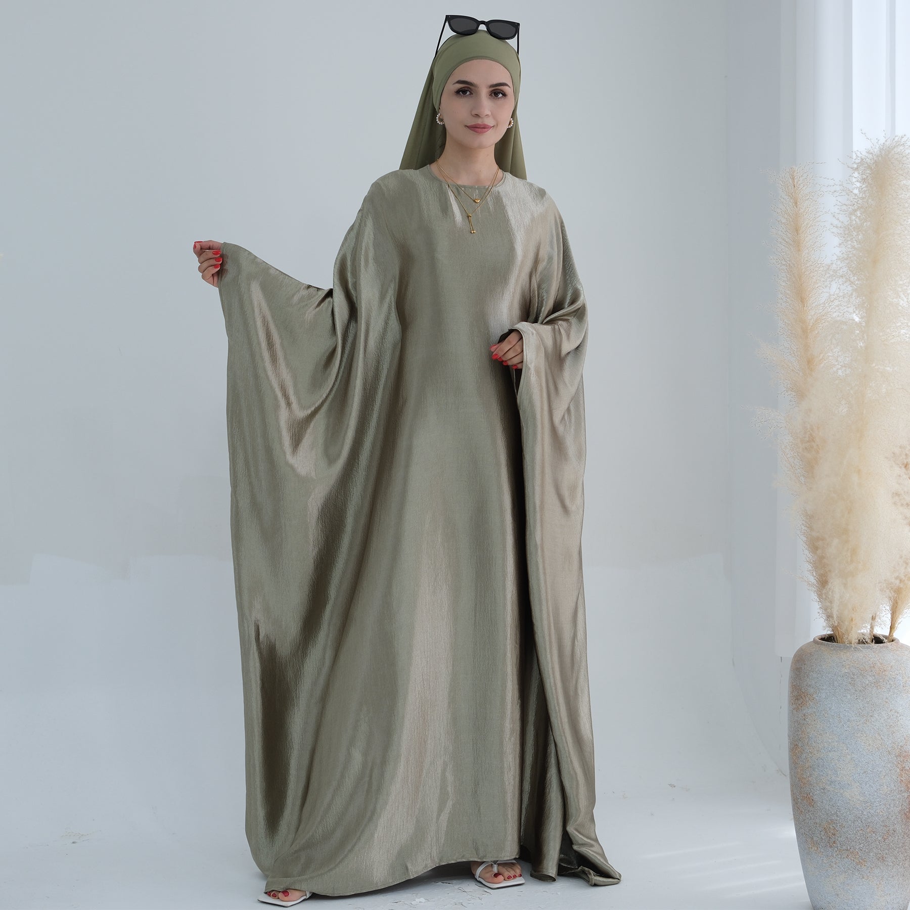 Elegant Alisha Butterfly Satin Abaya Dress - Sage Green Islamic Prayer Gown for Women | Perfect for Eid, Mosque & Special Occasions