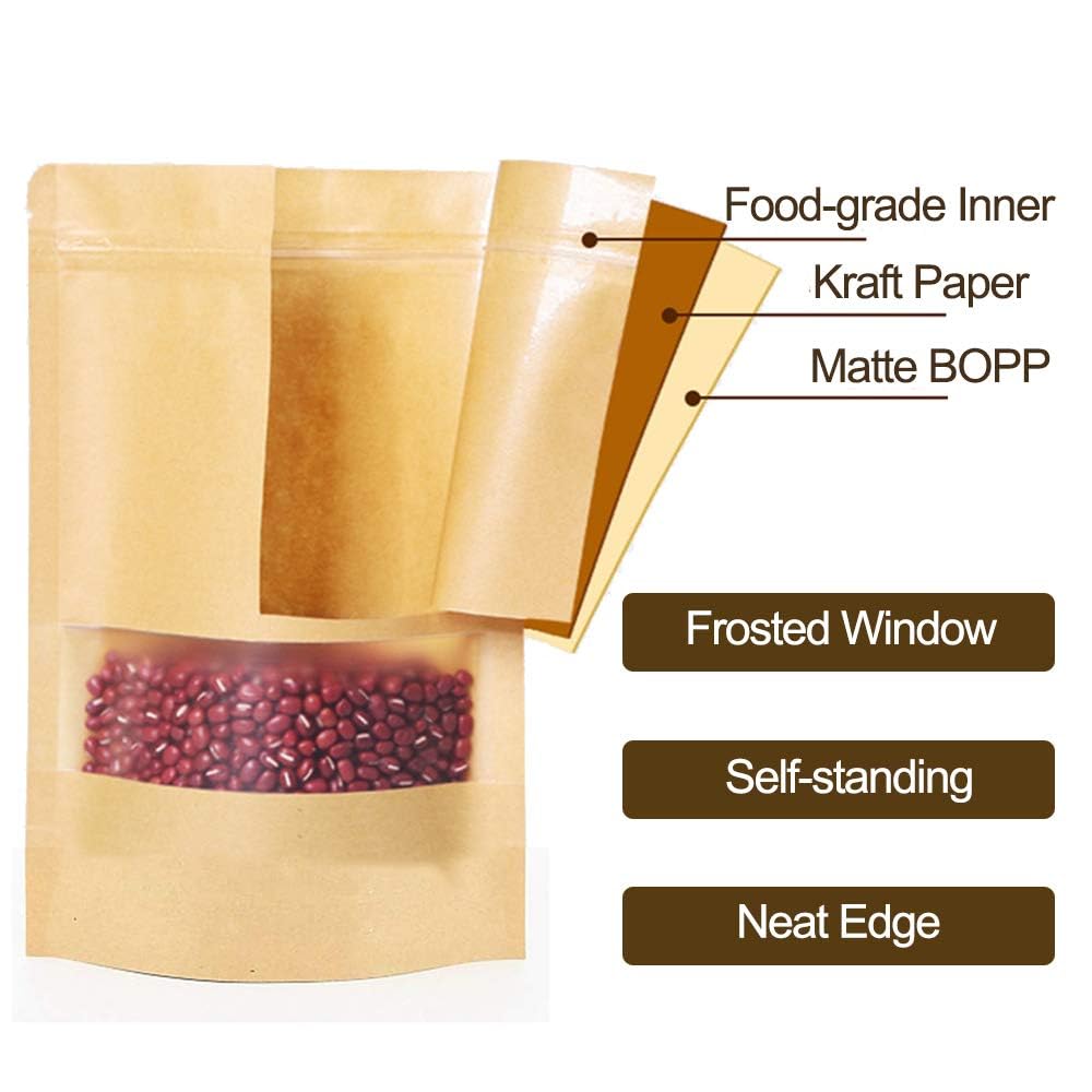100 Pcs 3.5 x 5.5 Inch Kraft Paper Stand Up Bags with Resealable Zipper & Clear Window - Eco-Friendly Snack Packaging Bags for Candy, Nuts, Cookies, Party Favors & Retail Display