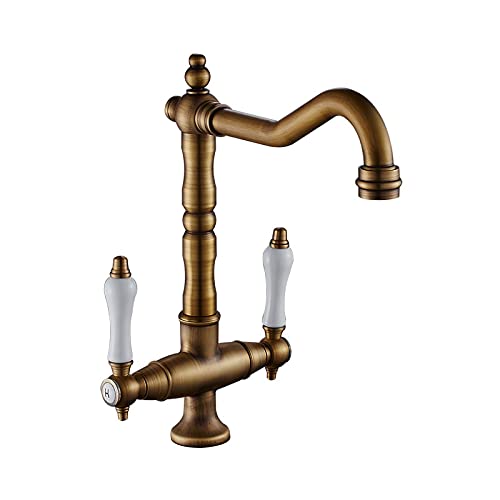 OMOONS Antique Bronze Deck Mounted Dual Handle Kitchen Sink Faucet - Hot & Cold Water Mixer Tap for Bar, Farmhouse & Commercial Use - Perfect for Food Prep, Dishwashing & Beverage Stations