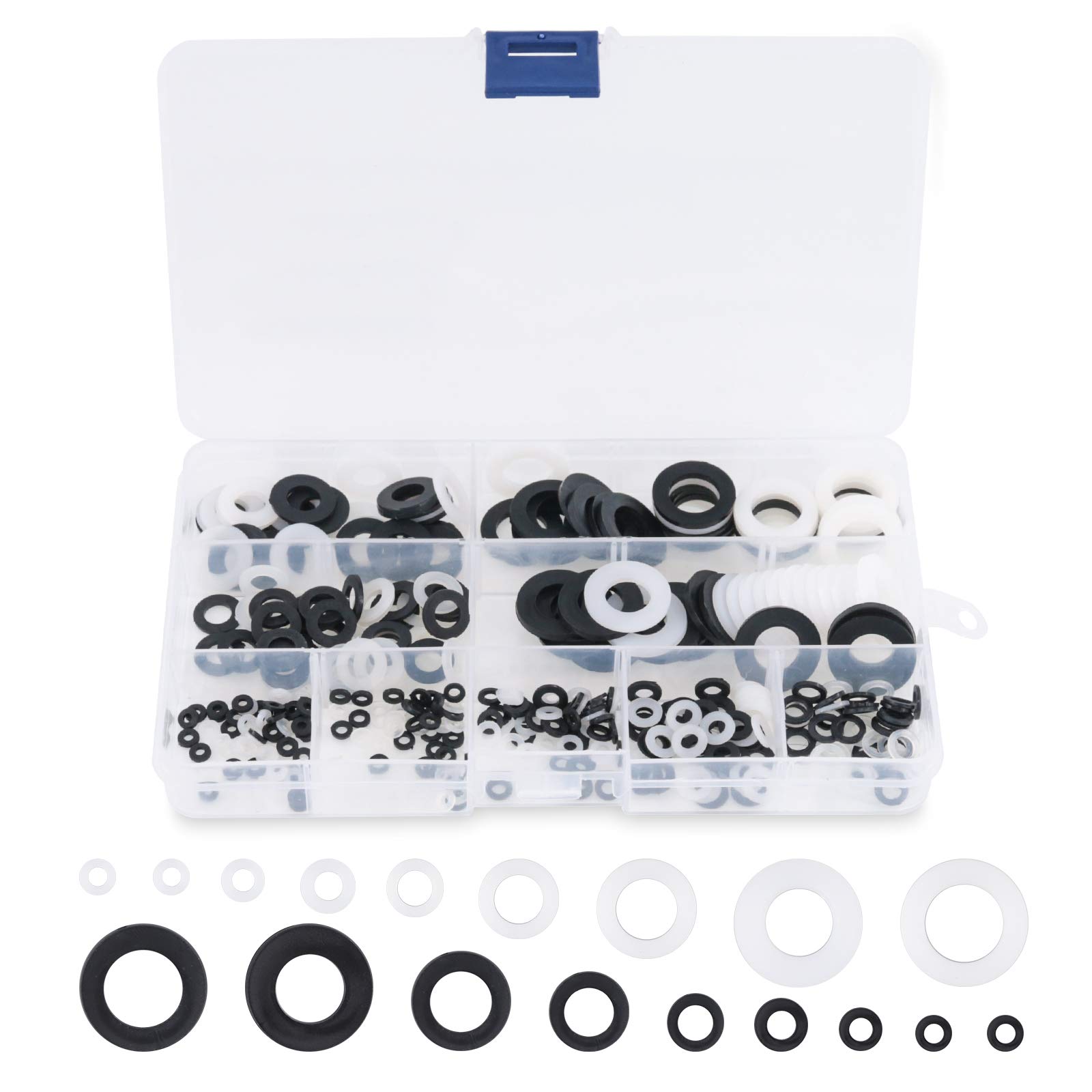 Keadic 840pcs Nylon Insulating Flat Washers Kit - 9 Sizes (M2 to M12) - White & Black Non-Conductive Spacers for Electrical, Plumbing & DIY Projects