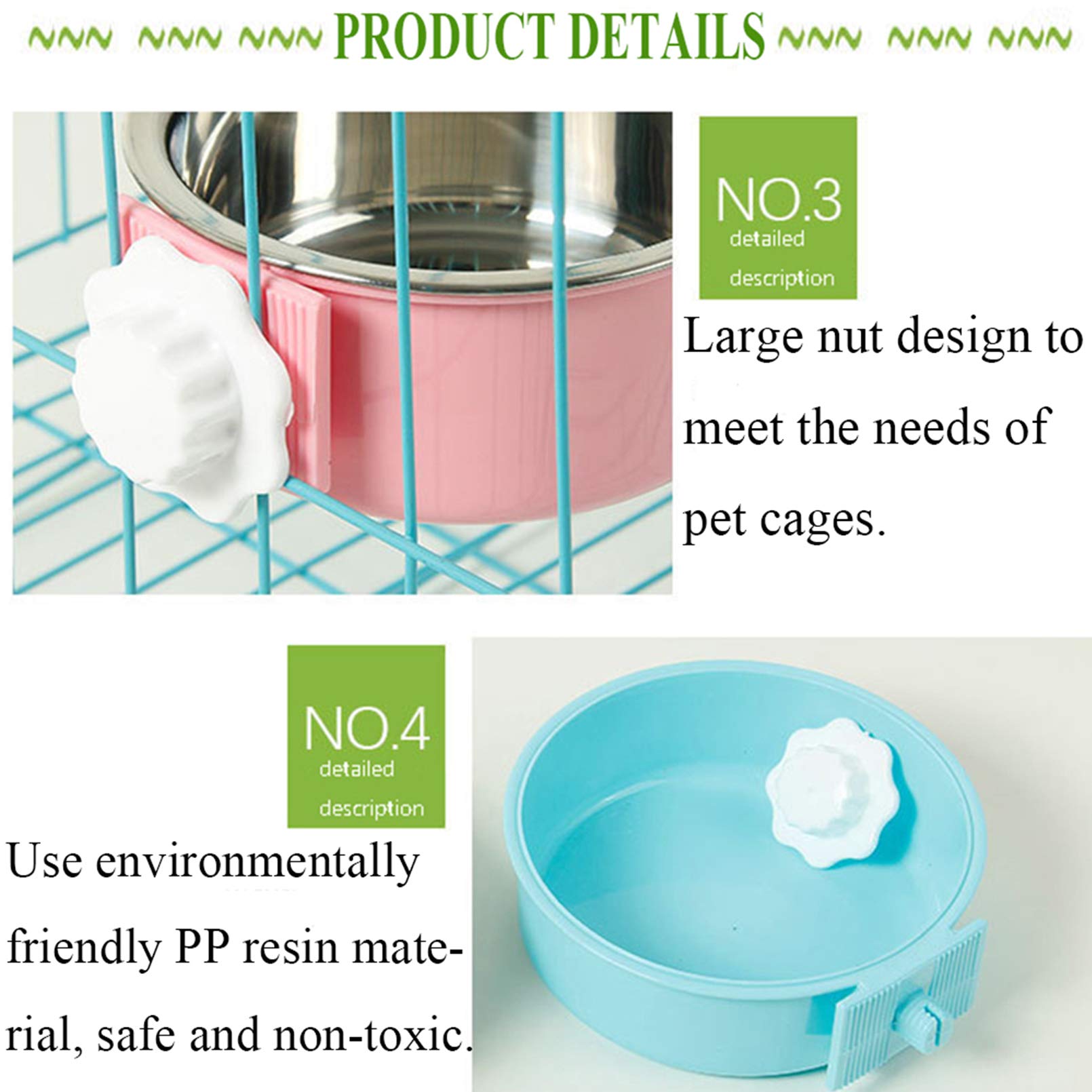 Kathson Removable Stainless Steel Hanging Pet Bowl - 2 Pack Green & Pink Cage Feeder for Dogs, Cats, Puppies, Birds, Rats & Guinea Pigs | Perfect for Kennels, Cages & Outdoor Use