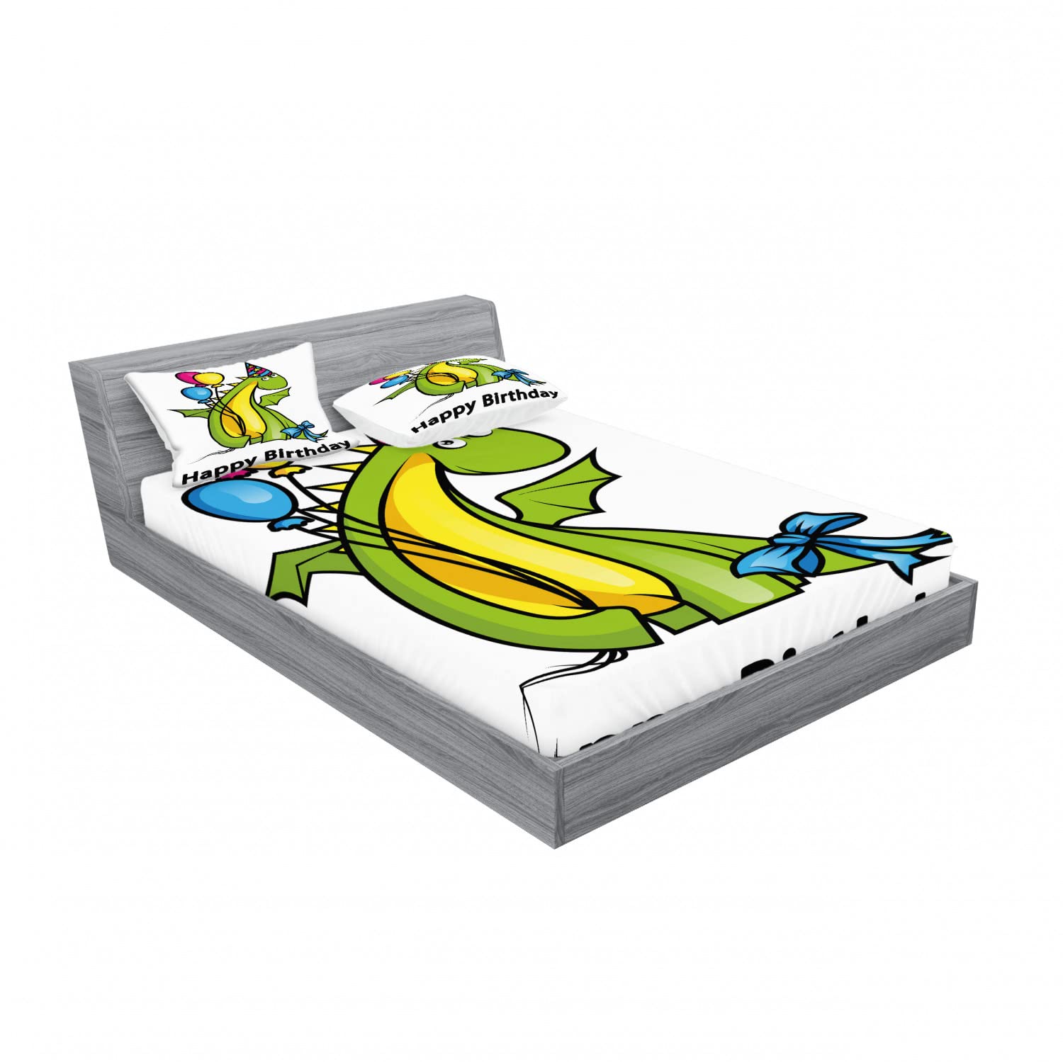 Ambesonne 2-Piece King Size Fitted Sheet Set with 4 Pillow Shams - Dinosaur Birthday Theme Bedding in Fern Green & Yellow | Kids Room Decor, Themed Parties, Gift for Boys & Girls