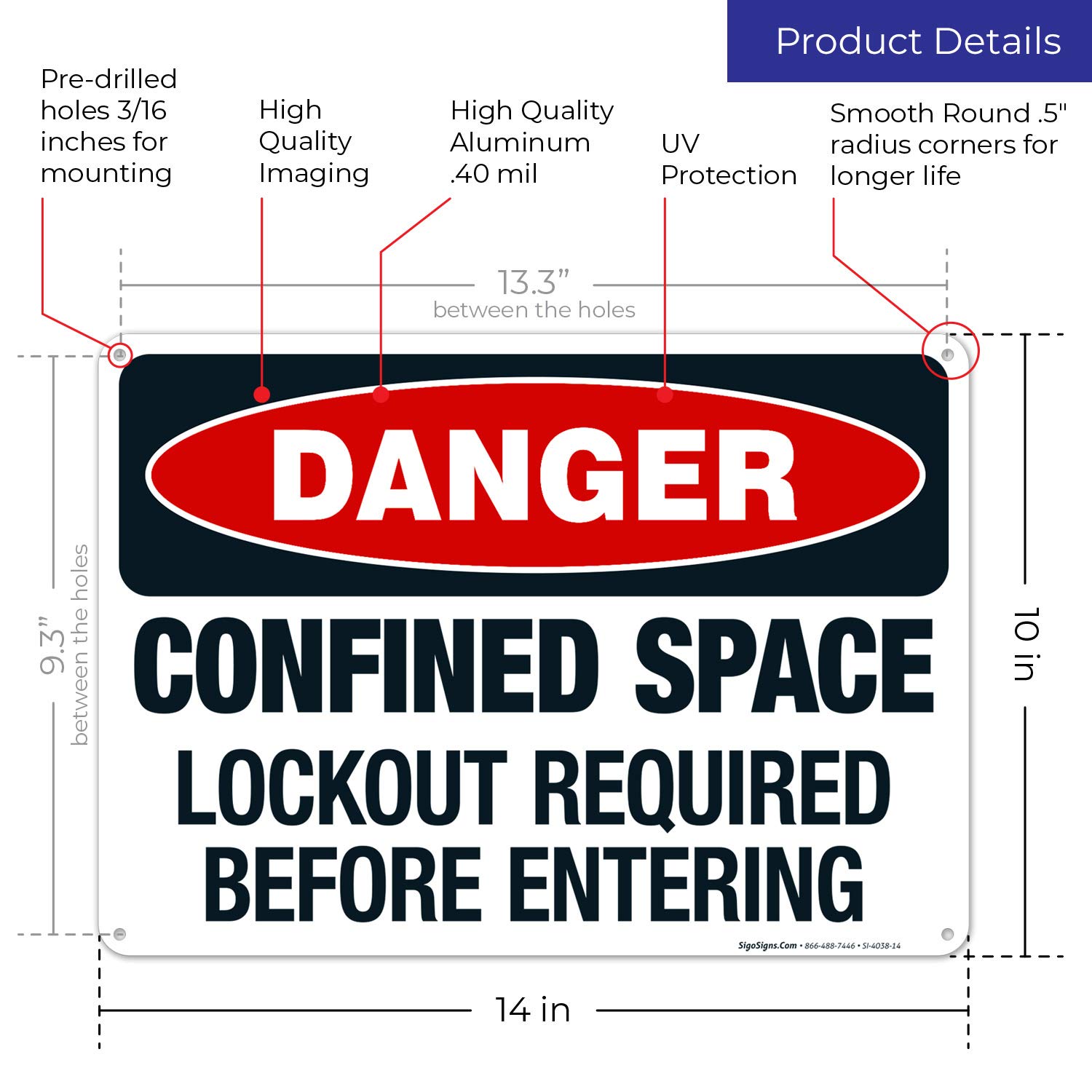 Danger Confined Space Lockout Required Before Entering Sign - OSHA Approved 10x14 Inch Aluminum Safety Sign, Rust-Free .040 Gauge, Fade Resistant for Indoor & Outdoor Use - Made in USA | Workplace Safety, Construction Sites, Industrial Areas