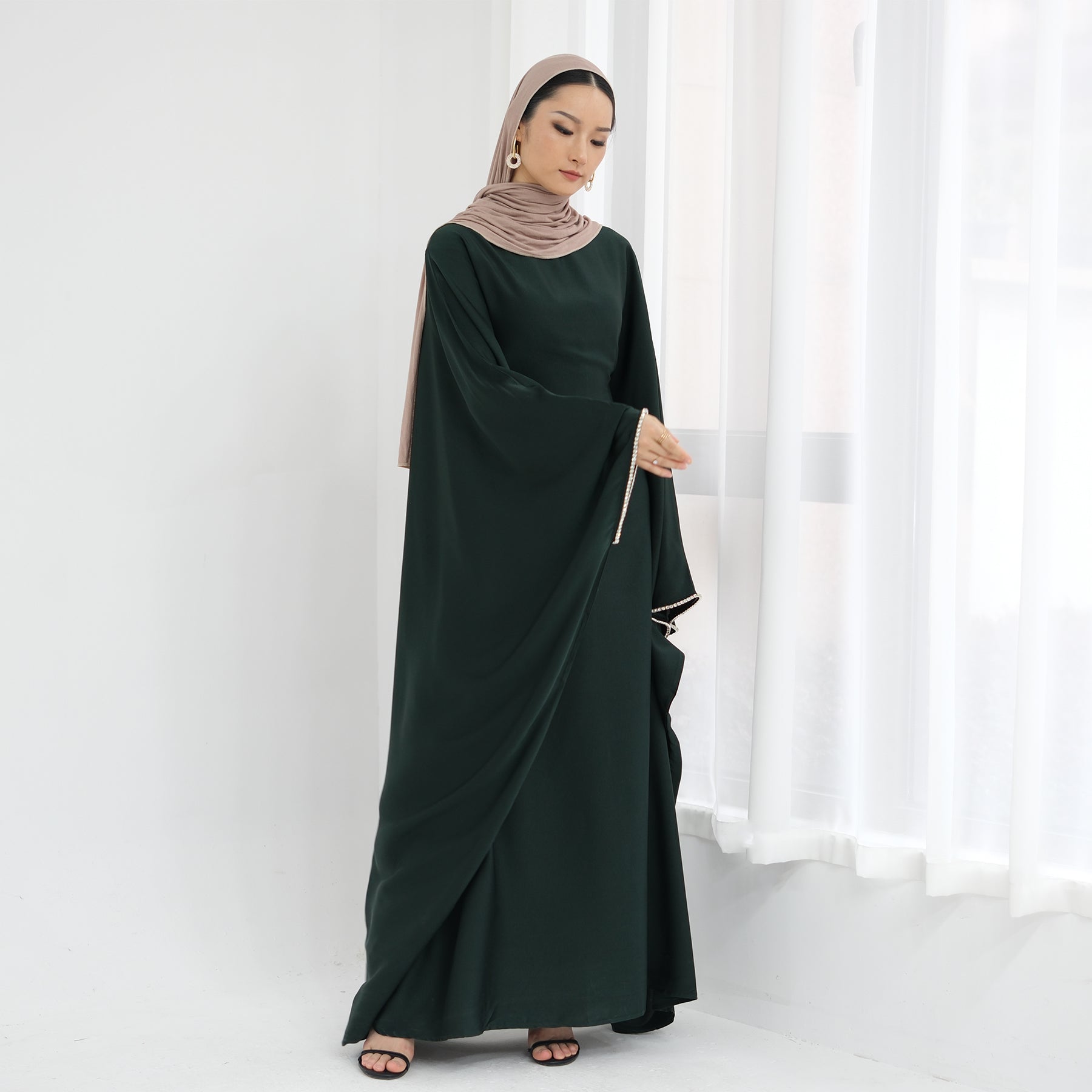 Davina Butterfly Satin Abaya Emerald Green - Elegant Muslim Prayer Dress for Women | Perfect for Eid, Ramadan & Special Occasions