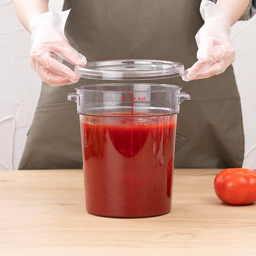 Restaurantware Met Lux 4 Quart (3.8L) Clear Plastic Food Storage Containers - 10-Pack Round Commercial Food Prep Buckets with Volume Markers (Lids Sold Separately) - Ideal for Restaurant Kitchen, Catering, Meal Prep & Bulk Food Storage