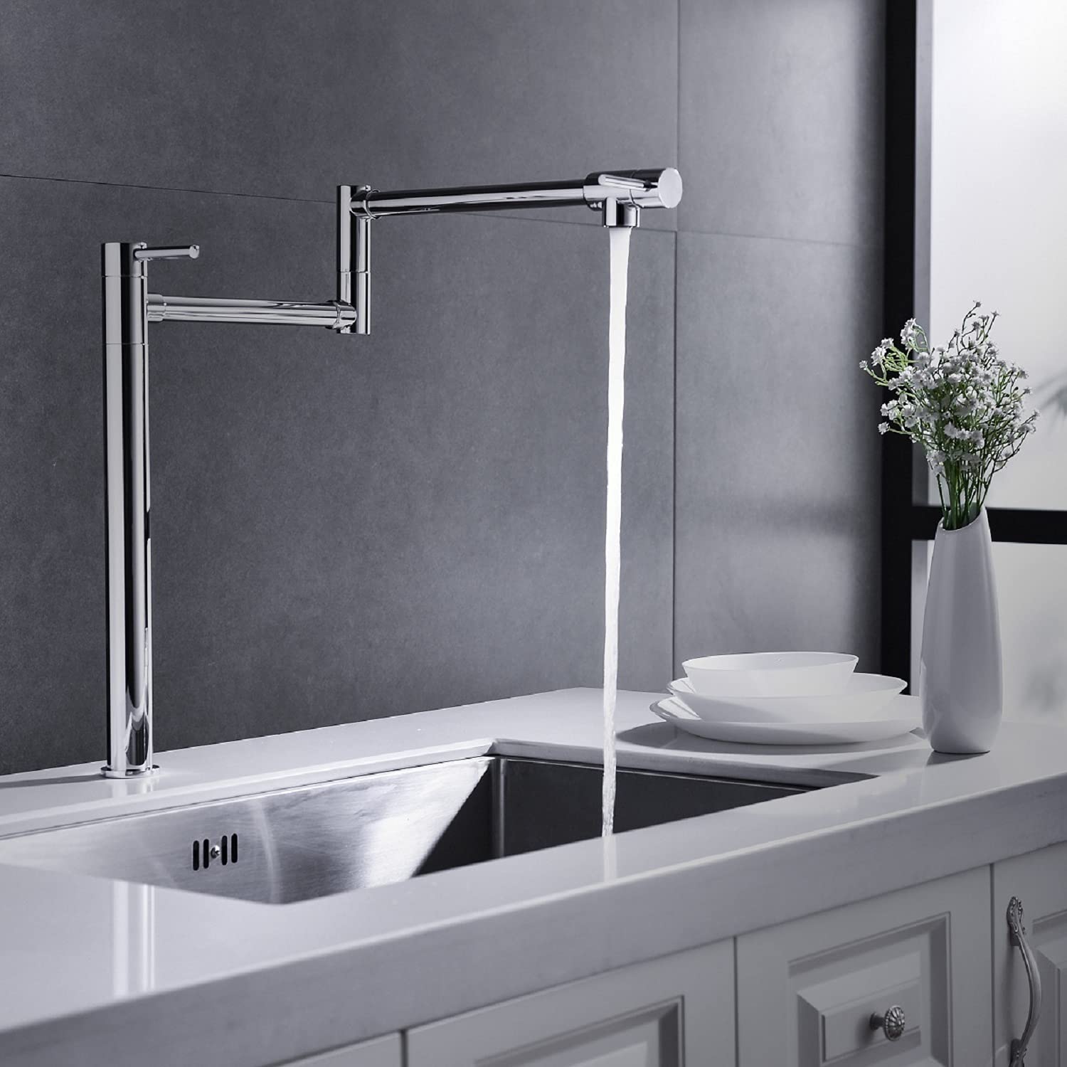**Brass Deck Mount Pot Filler Faucet with Extension Shank - Dual Swing Single Hole Faucet for Kitchen Sink & Bathroom - Chrome Finish - Perfect for Cooking & Washing**